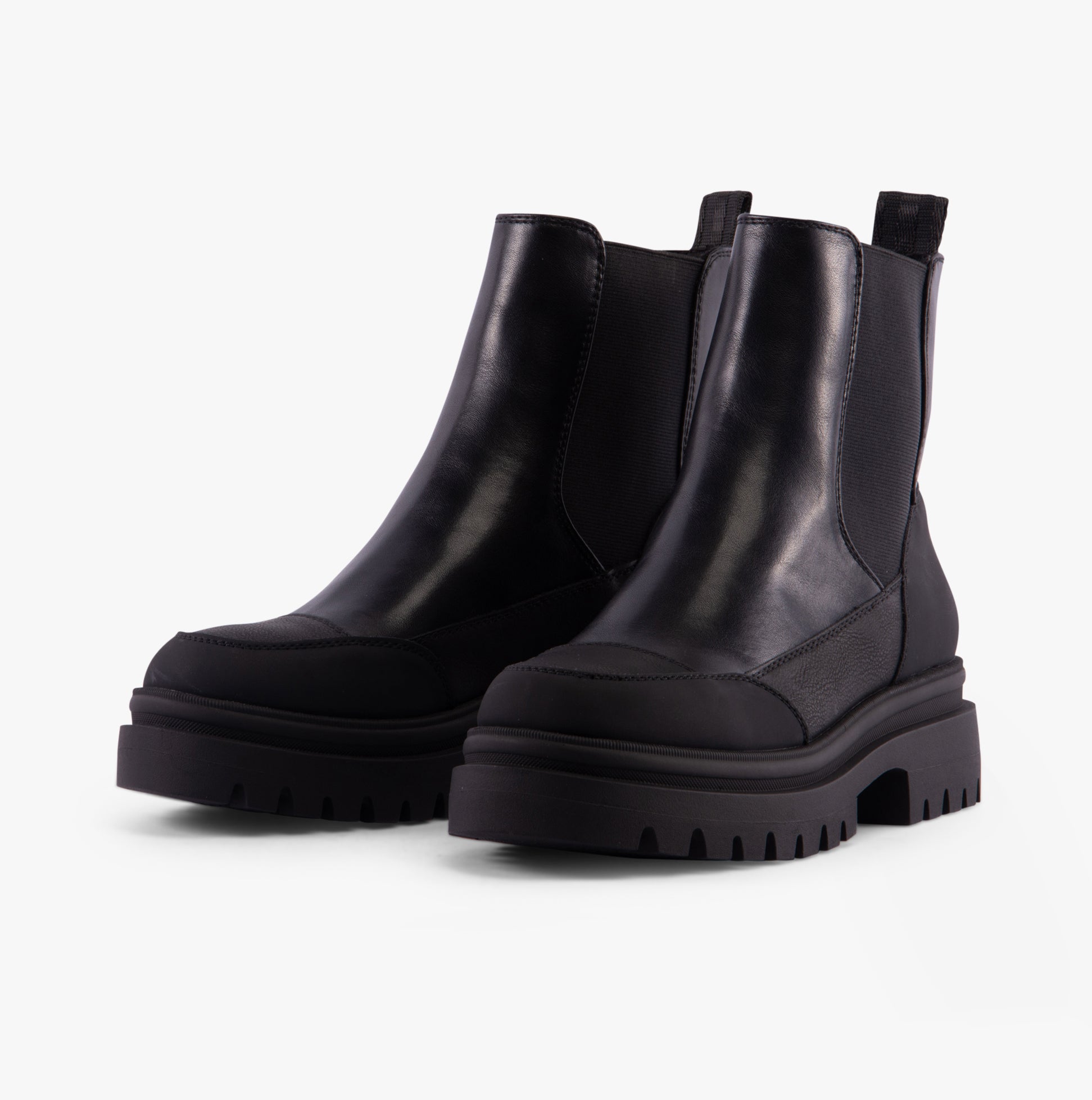 Rocket Dog DELTA Womens Boots Black/Black side view showing faux leather upper and block heel design.