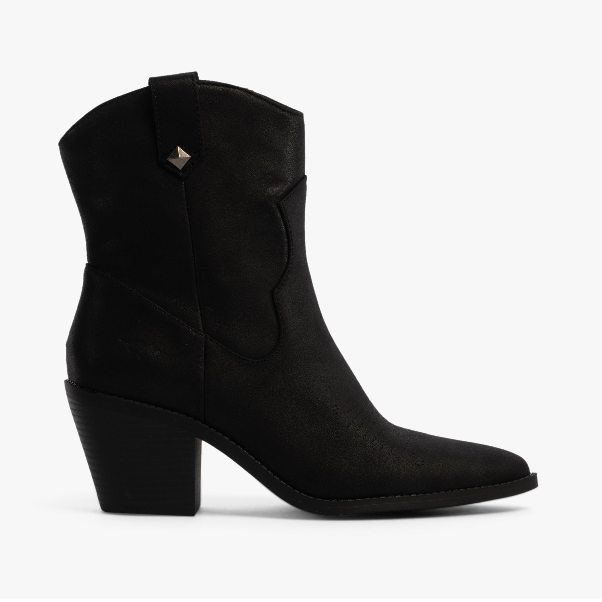 Rocket Dog FEATHER Womens Boots Black side view, faux leather ankle cowboy boots with block heel.