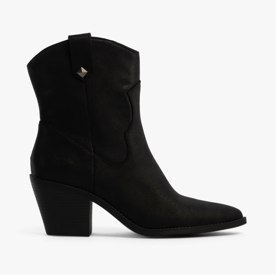 Rocket Dog FEATHER Womens Boots Black side view, faux leather ankle cowboy boots with block heel.