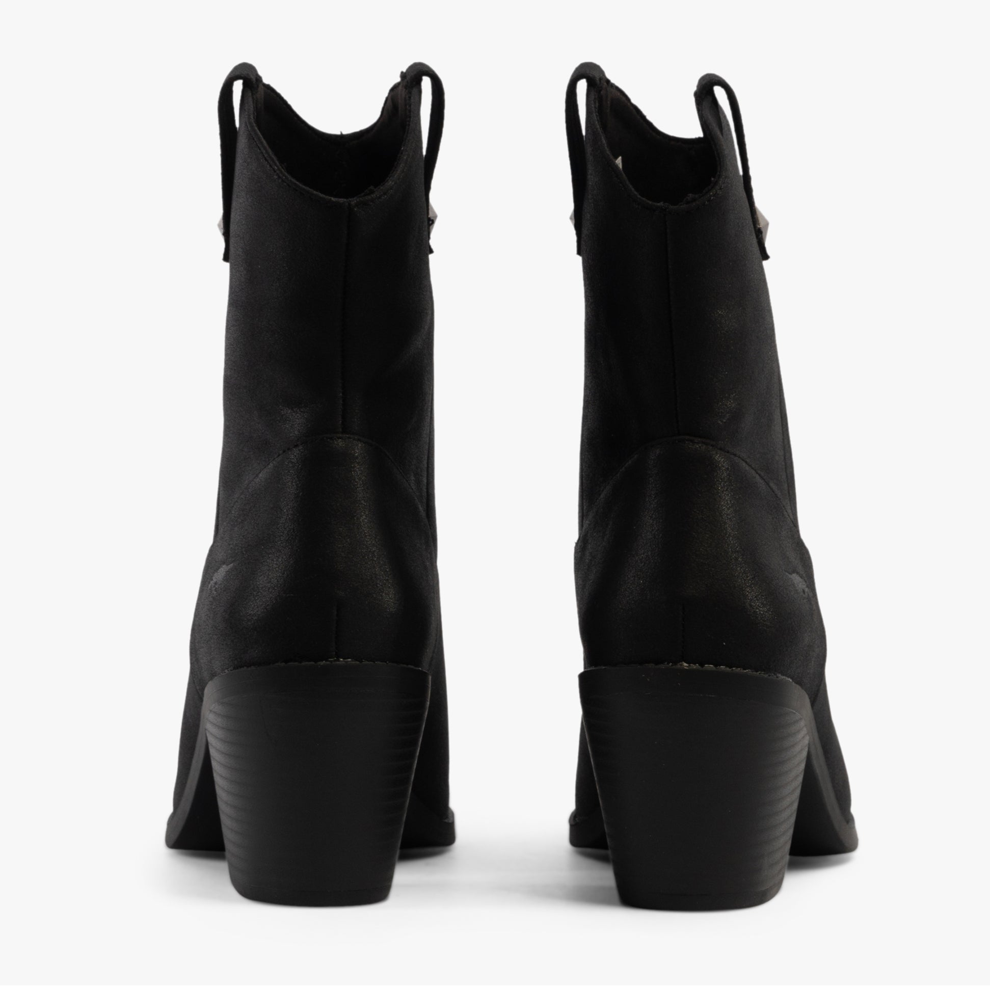 Rocket Dog FEATHER Womens Boots Black back view showing block heels and faux leather upper.