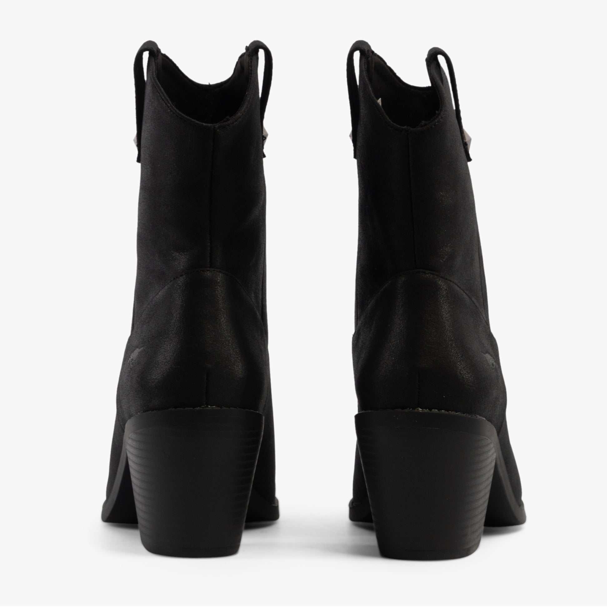Rocket Dog FEATHER Womens Boots Black back view showing block heels and faux leather upper.