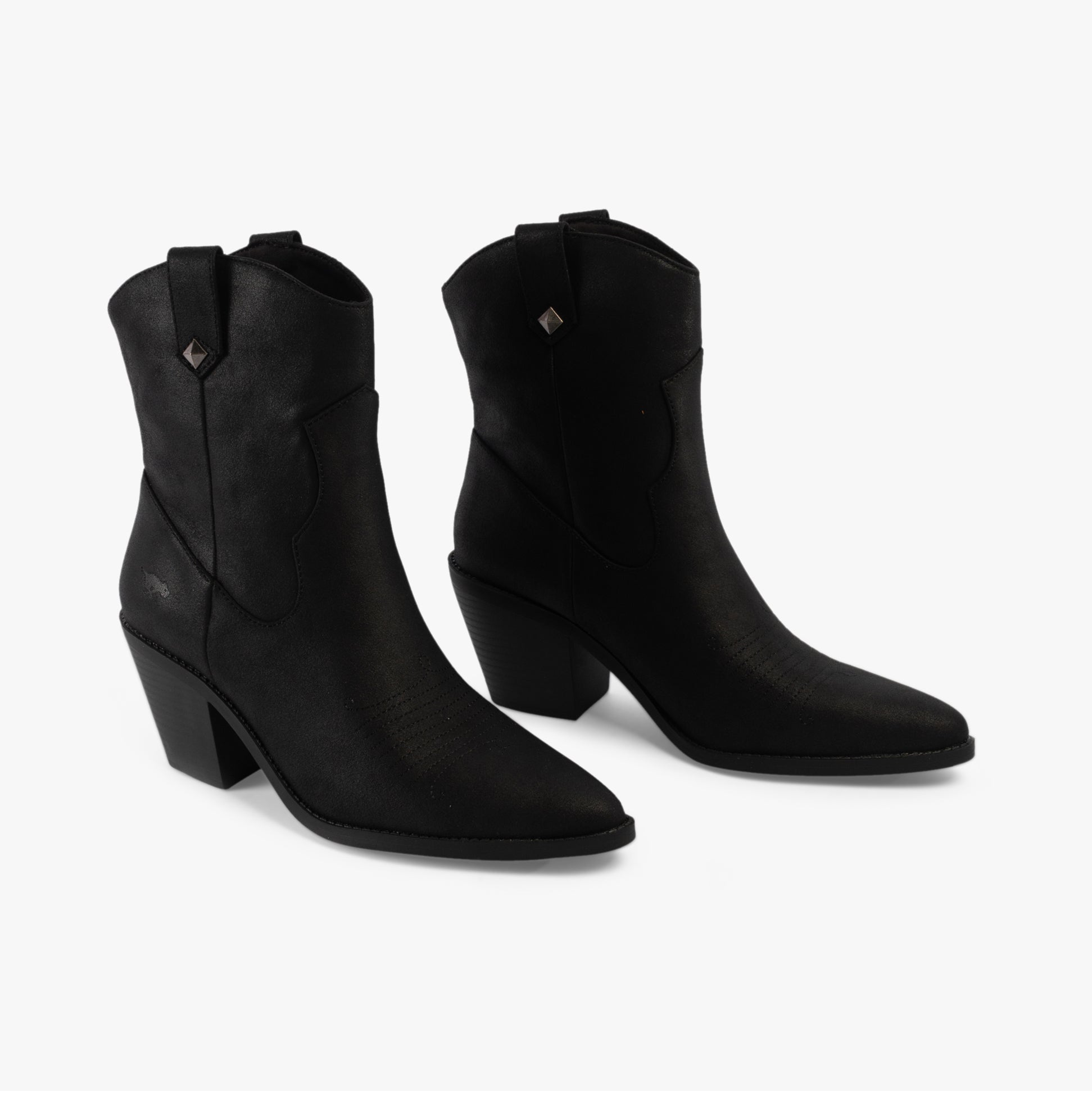 Rocket Dog FEATHER Womens Boots Black side view showcasing faux leather upper and block heel.
