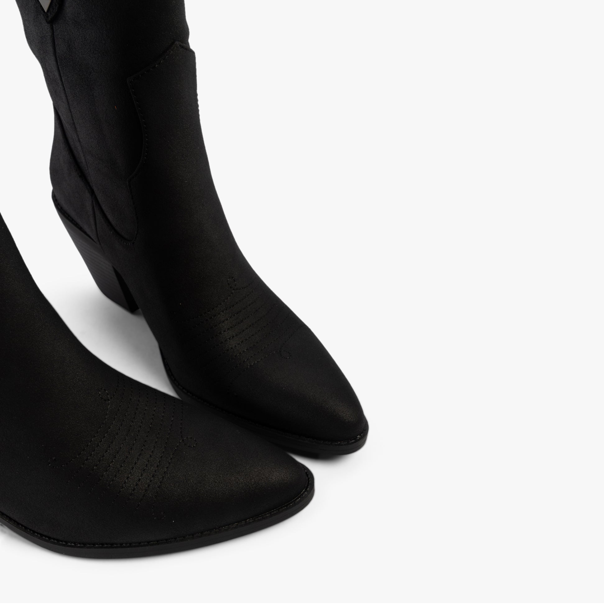 Rocket Dog FEATHER Womens Boots Black side view showcasing faux leather upper and chisel toe design.