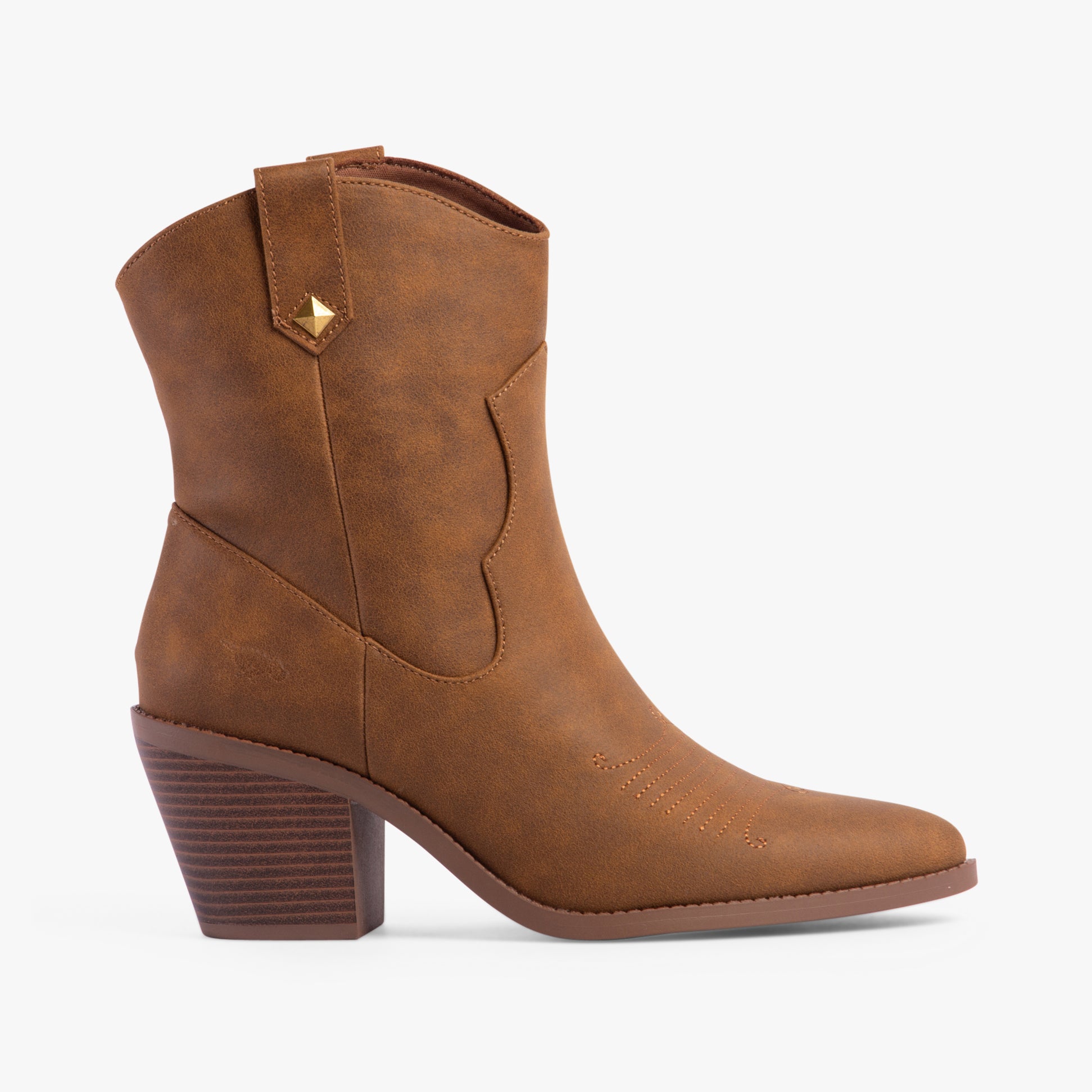 Rocket Dog FEATHER Womens Boots Walnut side view showing cowboy boot style with faux leather and block heel.