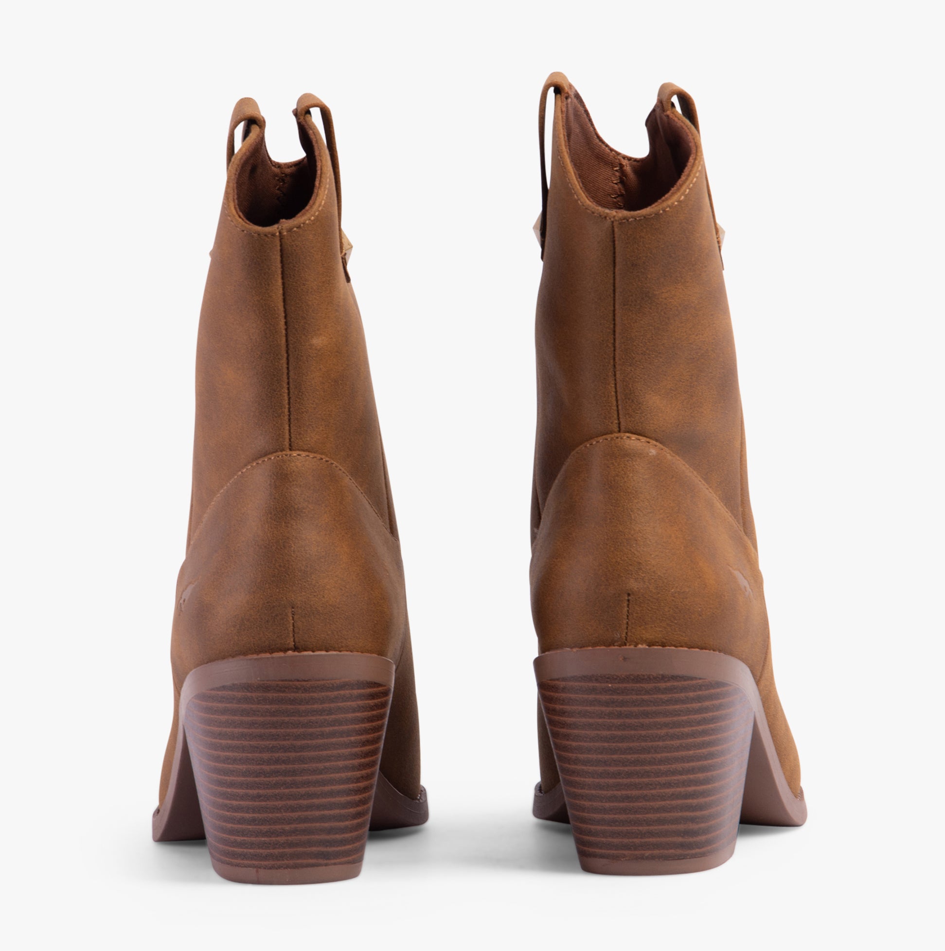 Rocket Dog FEATHER Womens Boots Walnut rear view showcasing faux leather finish and block heels.