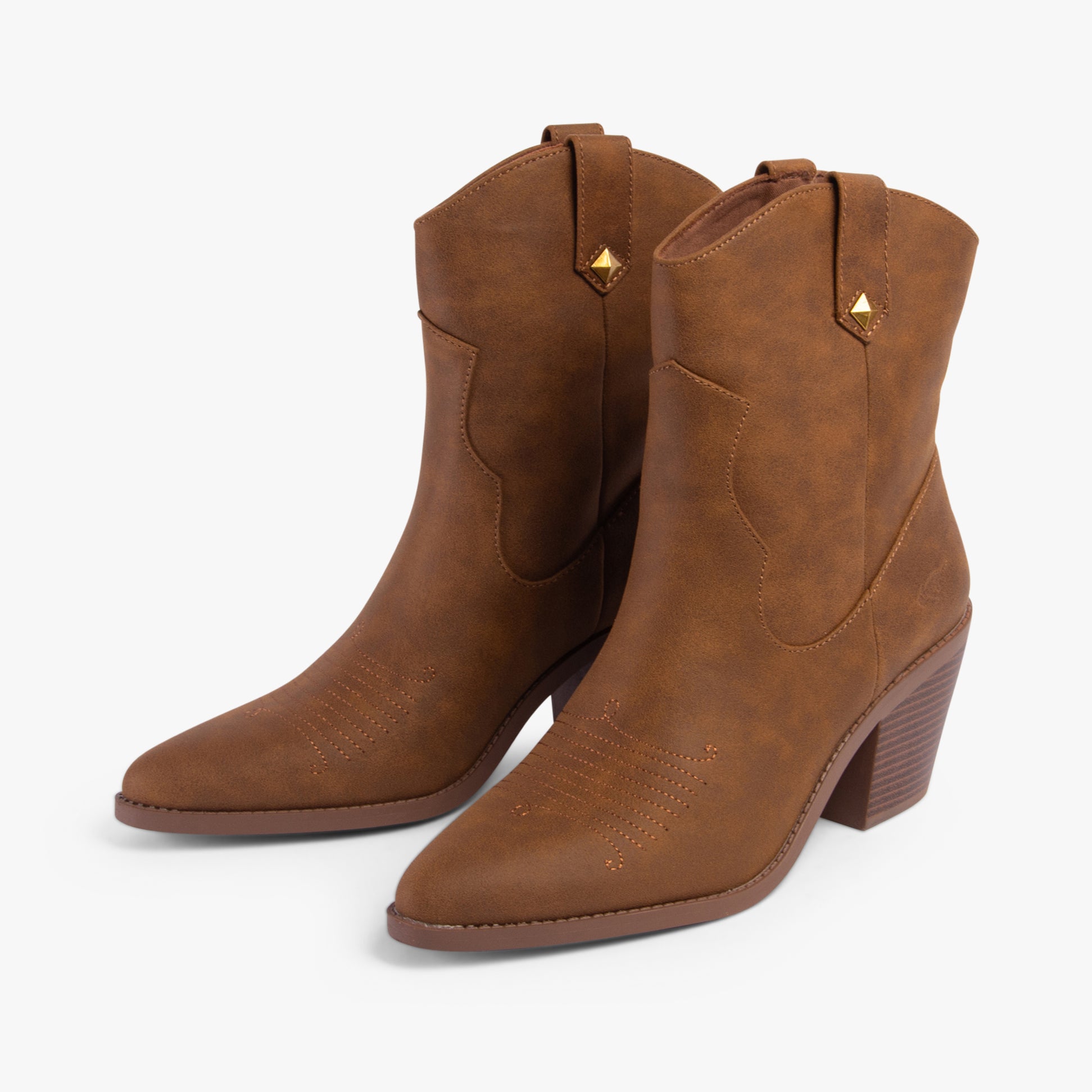 Rocket Dog FEATHER Womens Boots Walnut side view showcasing faux leather upper and block heel.