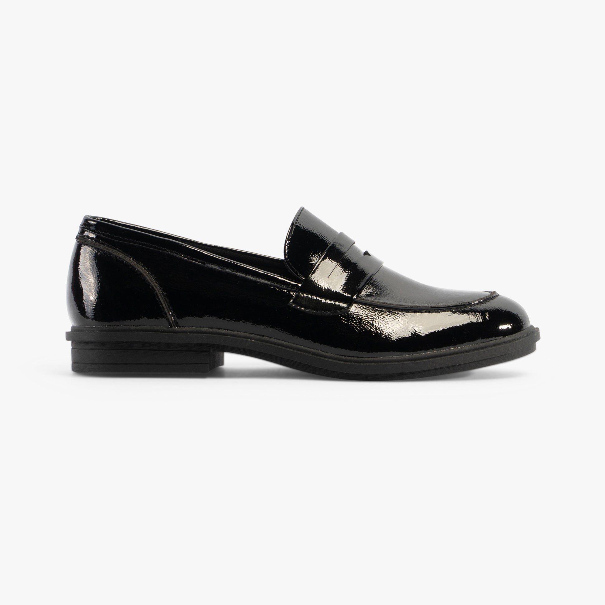 Rocket Dog GABBY Womens Shoes Black side view, sleek leather loafer with round toe, flat heel, and slip-on design.
