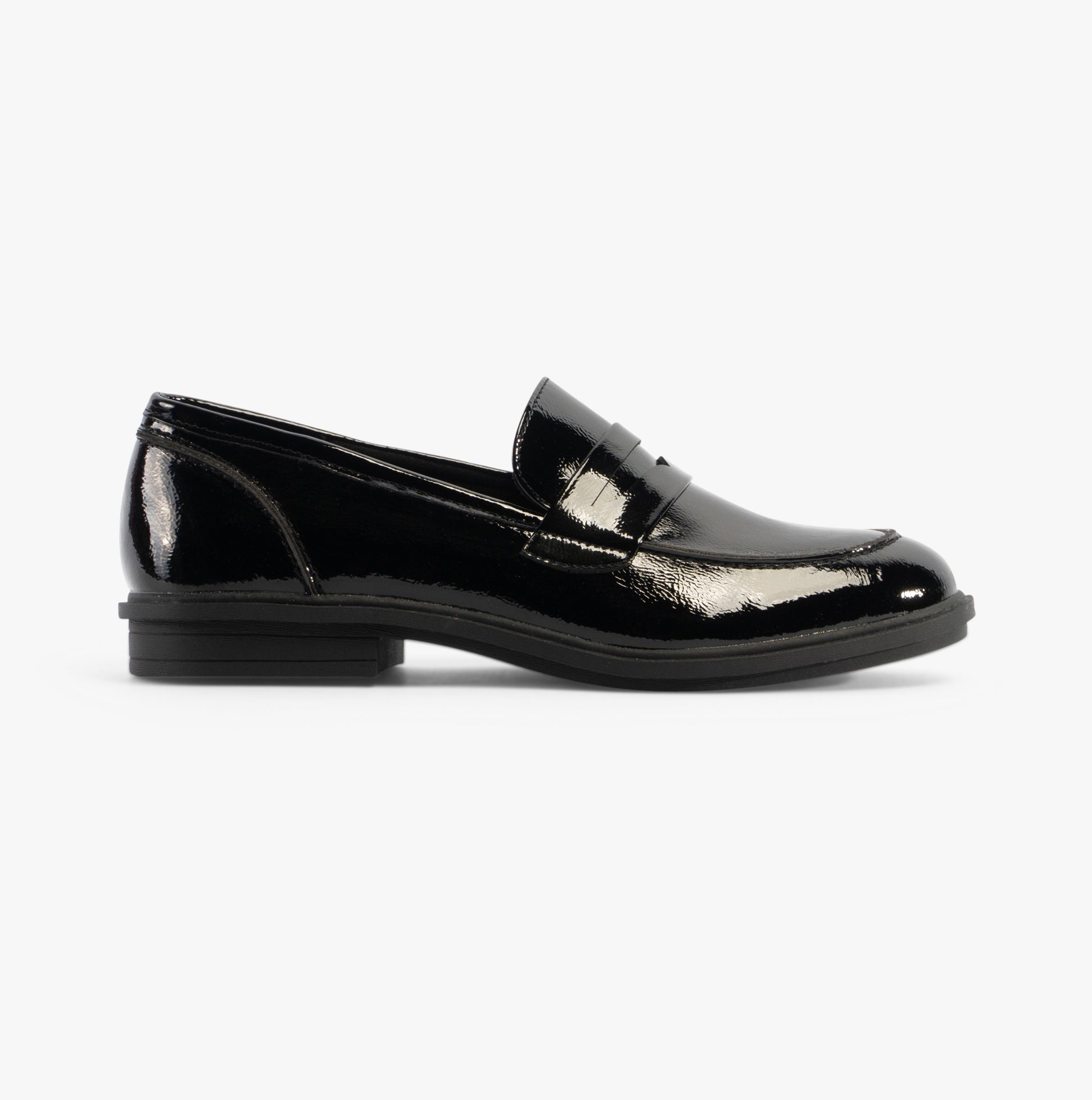 Rocket Dog GABBY Womens Shoes Black side view, sleek leather loafer with round toe, flat heel, and slip-on design.