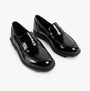 Rocket Dog GABBY Womens Shoes Black, side view of shiny black leather loafers with flat sole and round toe.