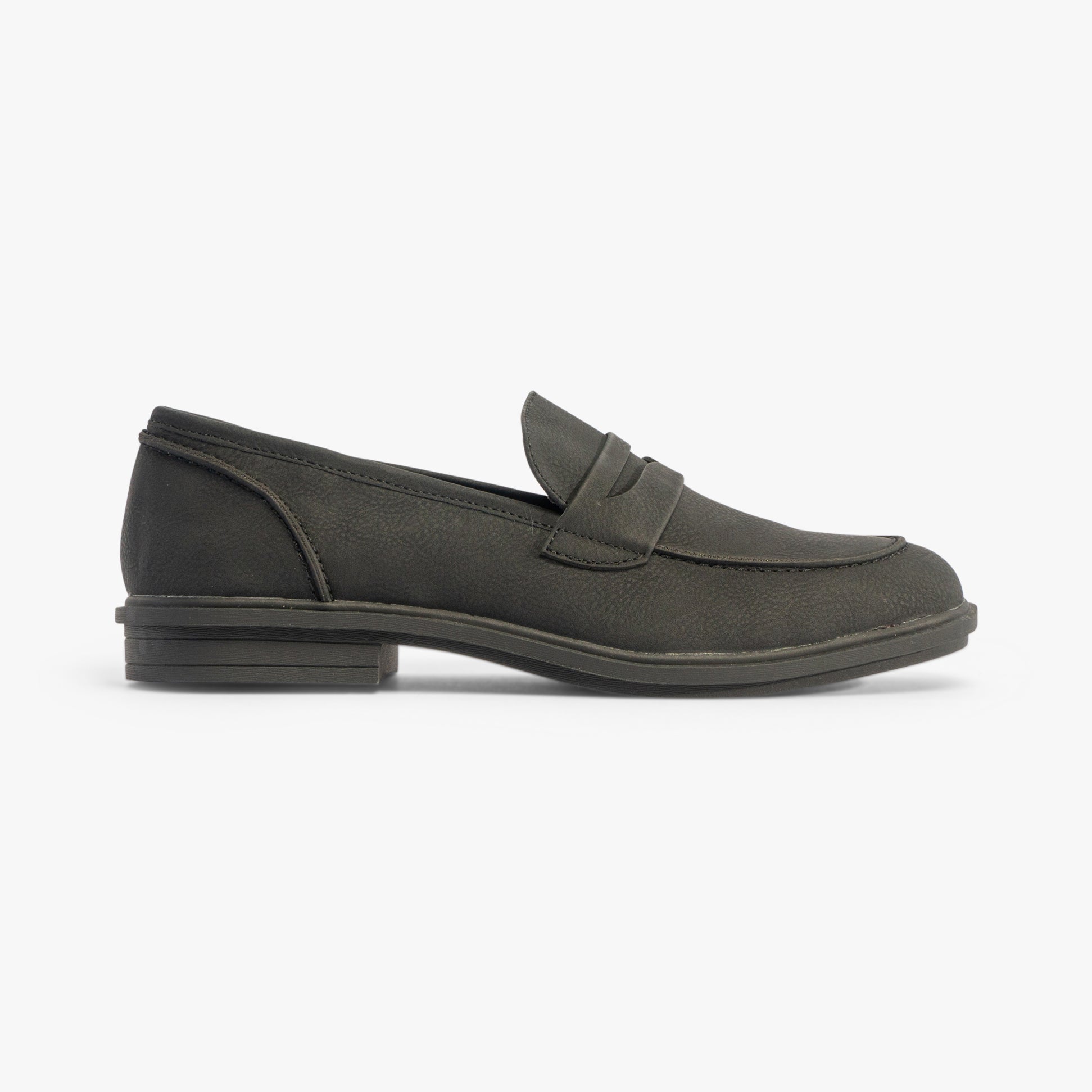 Rocket Dog GABBY Womens Shoes Black side view showcasing leather loafer style with round toe and flat heel.