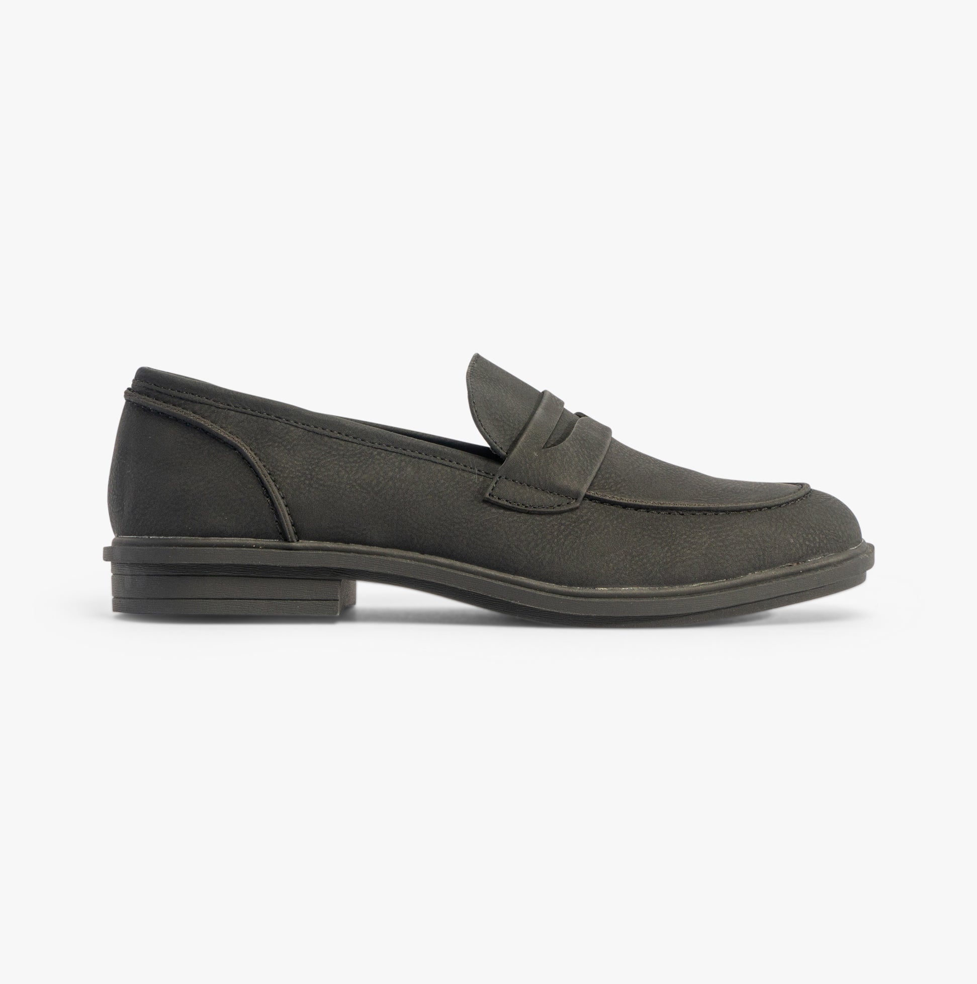 Rocket Dog GABBY Womens Shoes Black side view showcasing leather loafer style with round toe and flat heel.