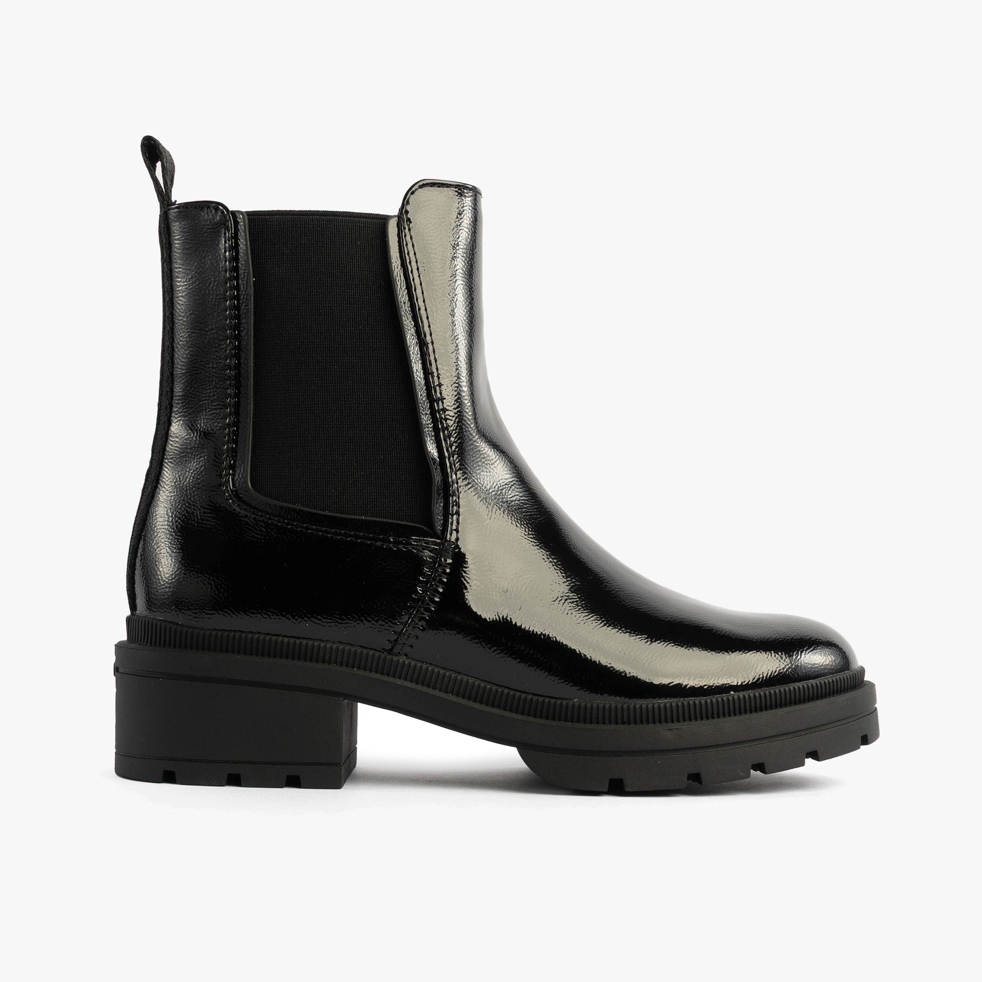 Rocket Dog IGGIE Womens Chelsea Boots Black Patent side view showcasing faux leather upper and elasticated side panel.