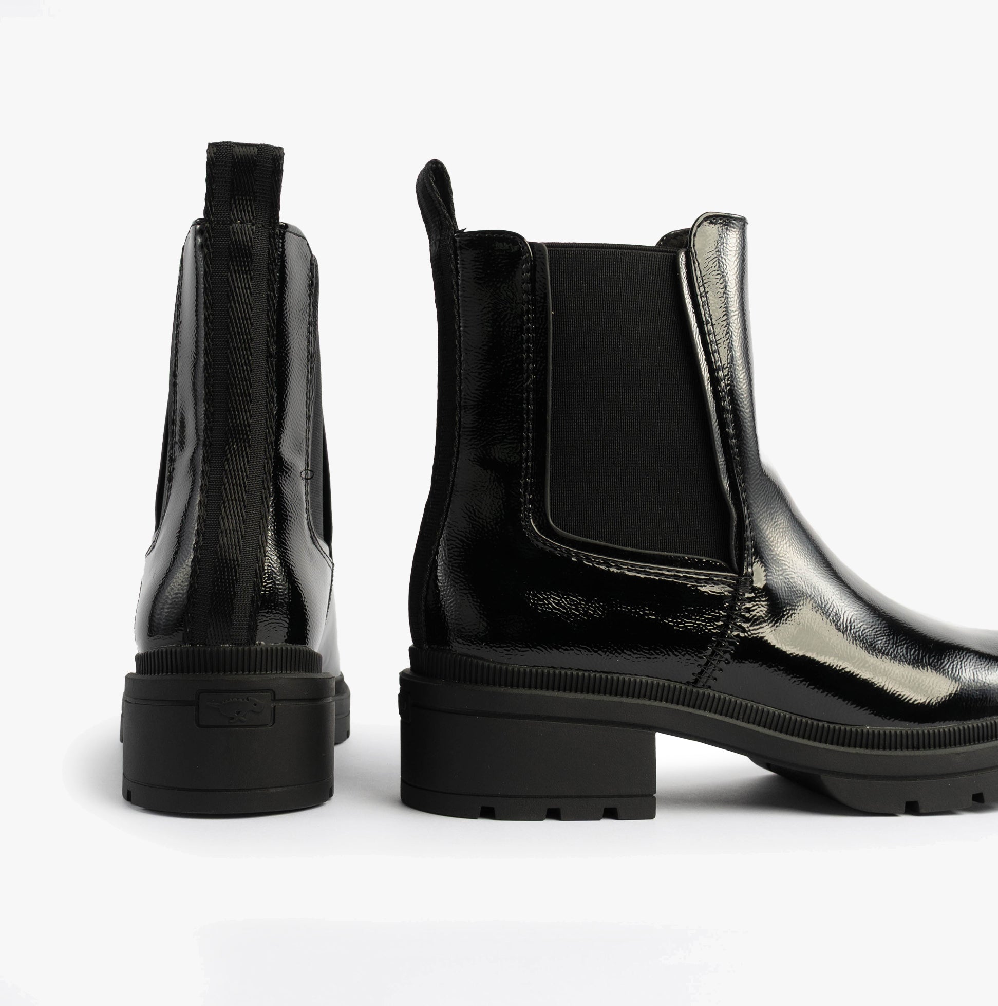Rocket Dog IGGIE Womens Chelsea Boots Black Patent side view showcasing glossy faux leather finish.