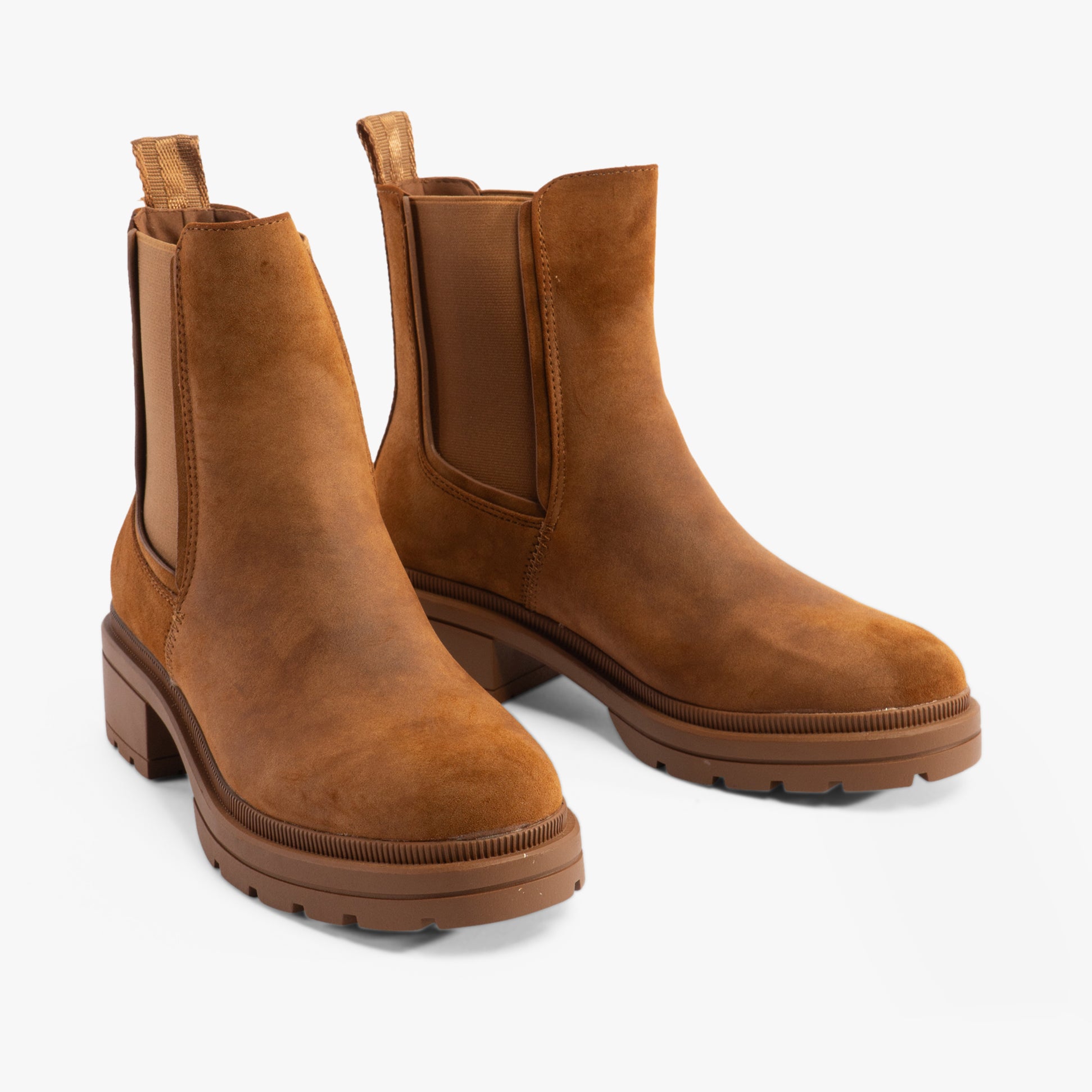 Rocket Dog IGGIE Womens Chelsea Boots Walnut side view showcasing faux leather and block heel design.