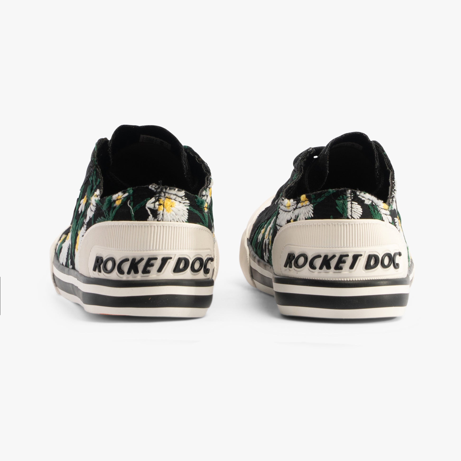 Rocket Dog JAZZIN Womens Trainers Black back view, featuring floral design and lace-up fastening.