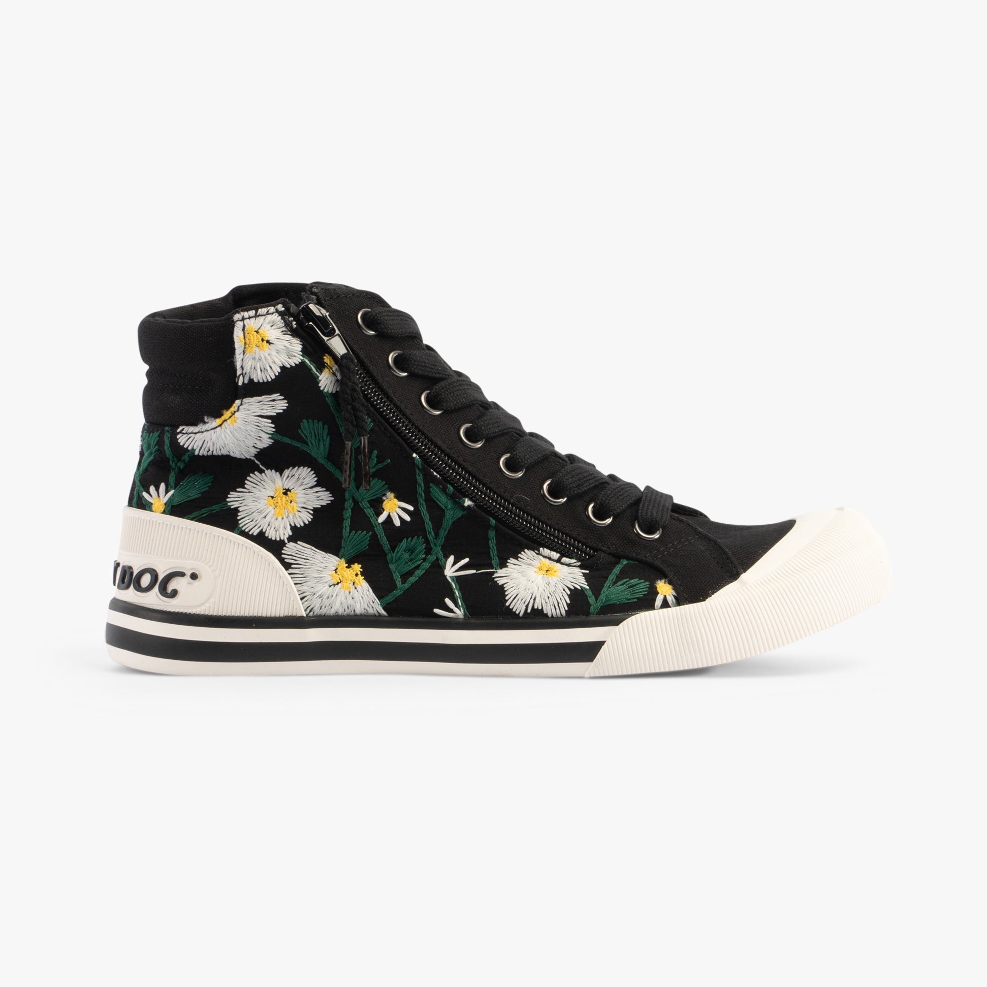 Rocket Dog JAZZIN HI Womens Trainers Black side view with floral detail and lace-up fastening
