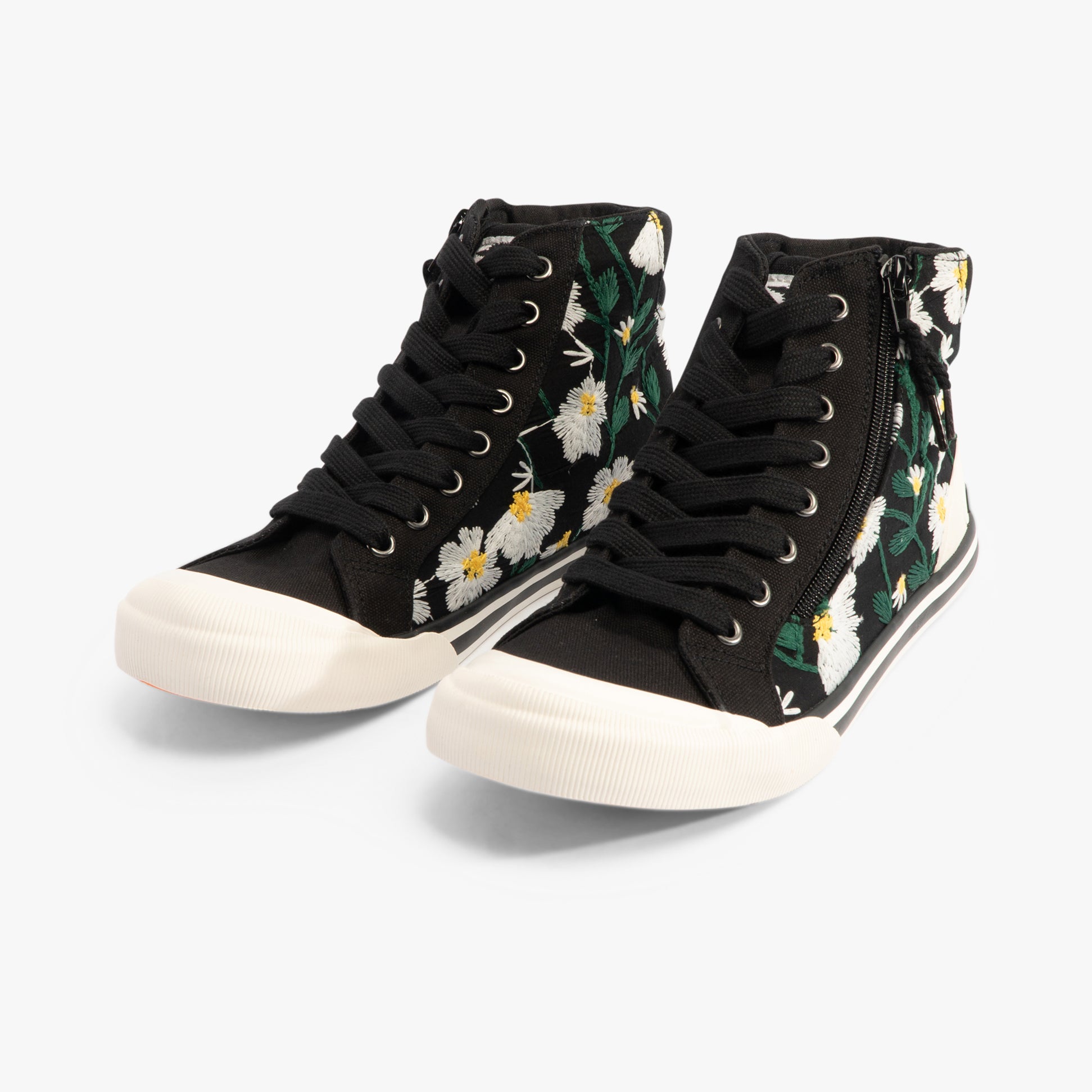 Rocket Dog JAZZIN HI Womens Trainers Black side view with floral design and lace-up closure.