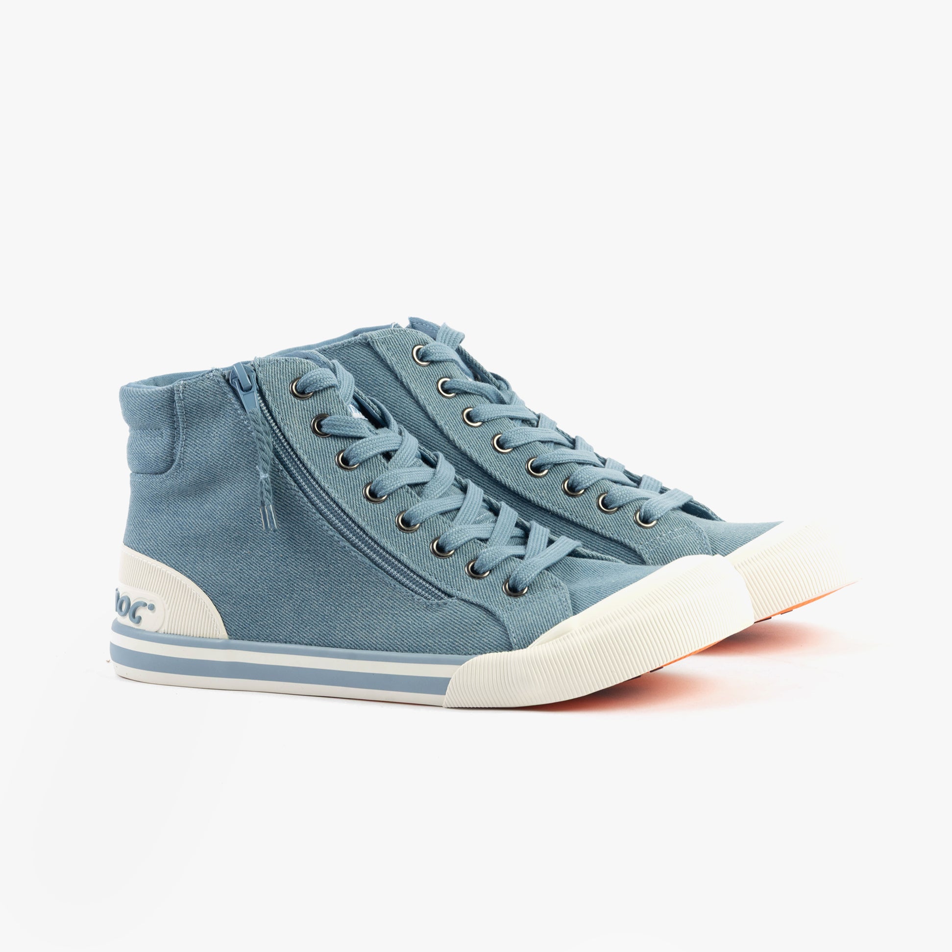 Rocket Dog JAZZIN HI BONDI Womens Trainers Blue side view showcasing high top design and lace-up closure.