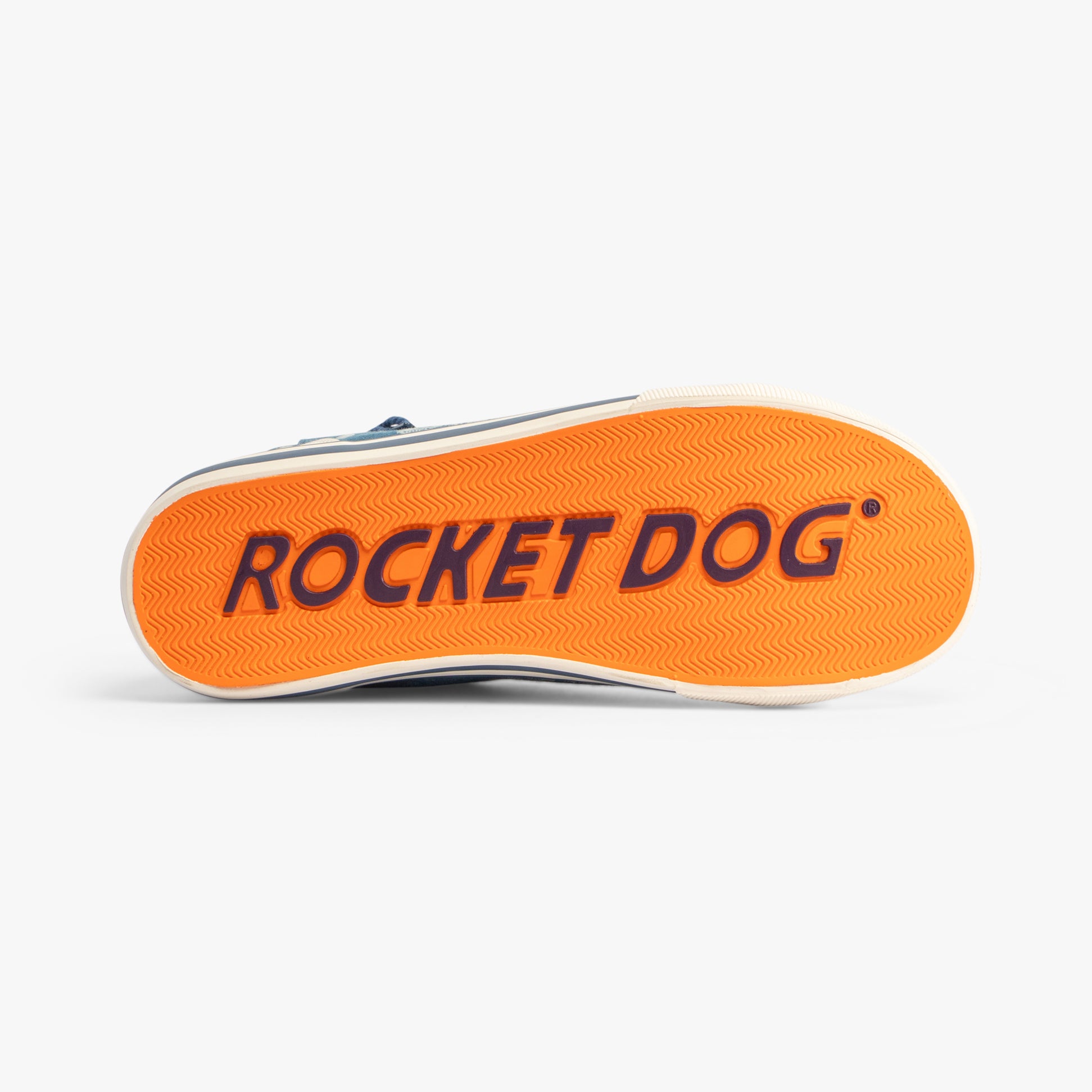 Rocket Dog JAZZIN HI Womens Trainers Navy sole view showcasing orange rubber outsole with logo