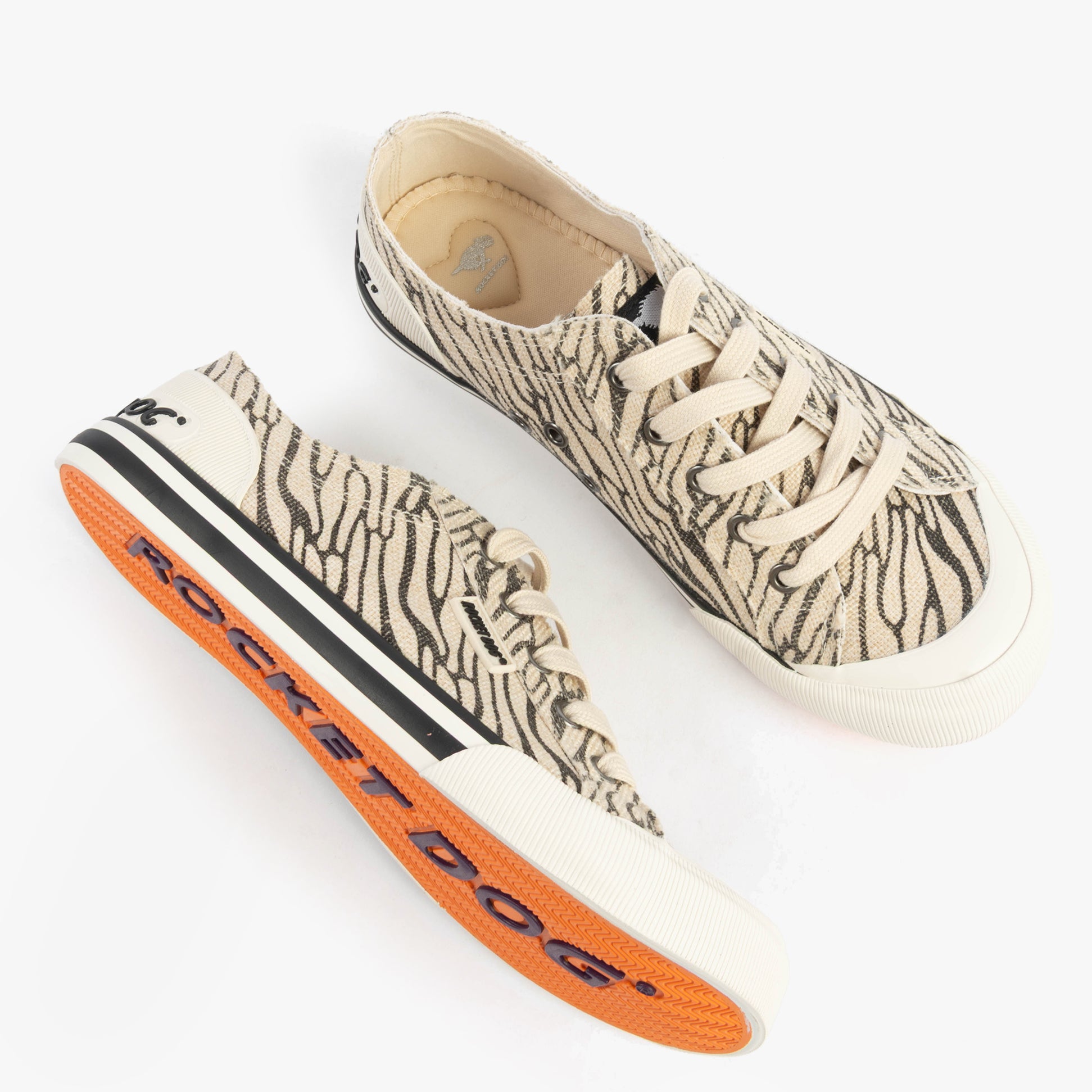 Rocket Dog JAZZIN WALES Womens Trainers Black, side view showing lace-up detailing and round toe design, casual style.