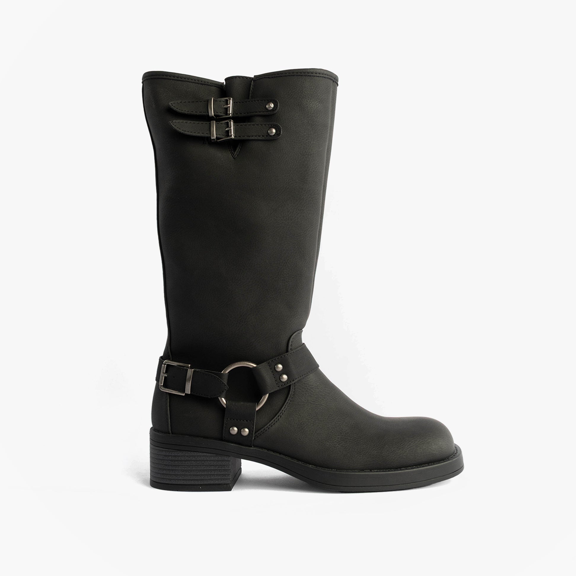 Rocket Dog NASH Womens Boots Black side view showcasing tall faux leather design and buckle details.