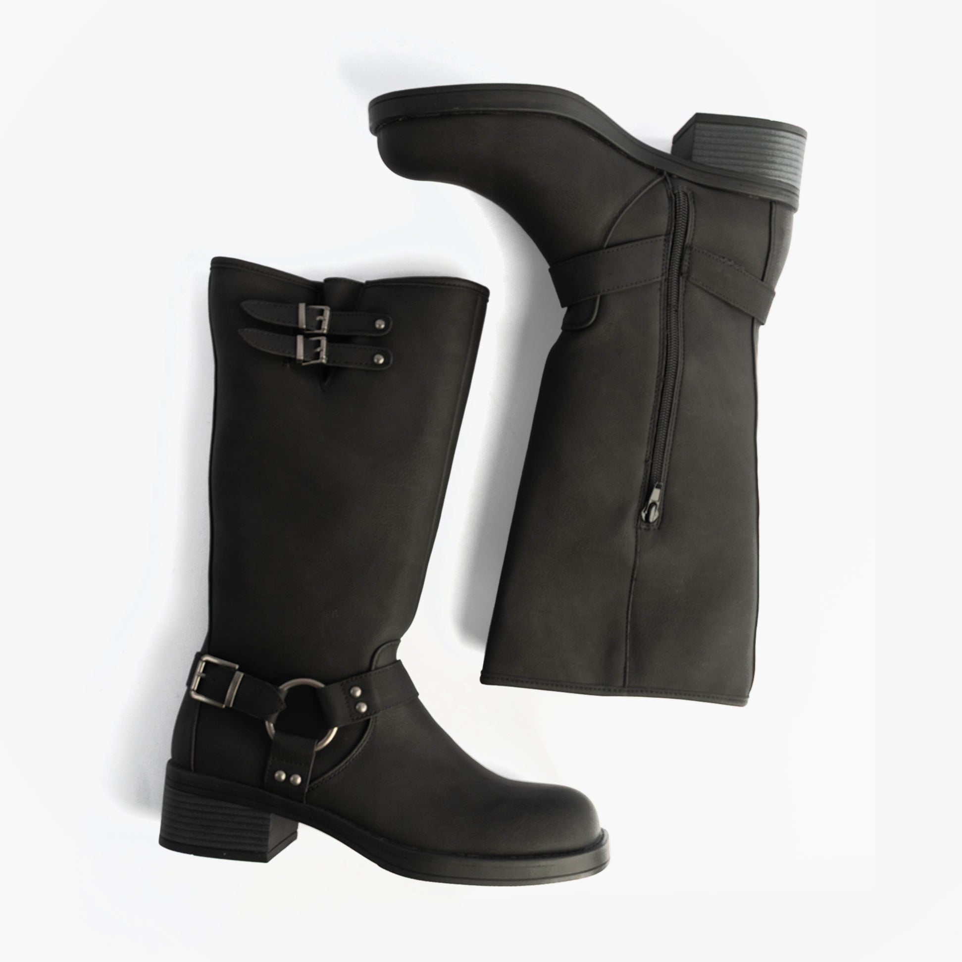 Rocket Dog NASH Womens Boots Black side view showing tall faux leather design and zip closure.