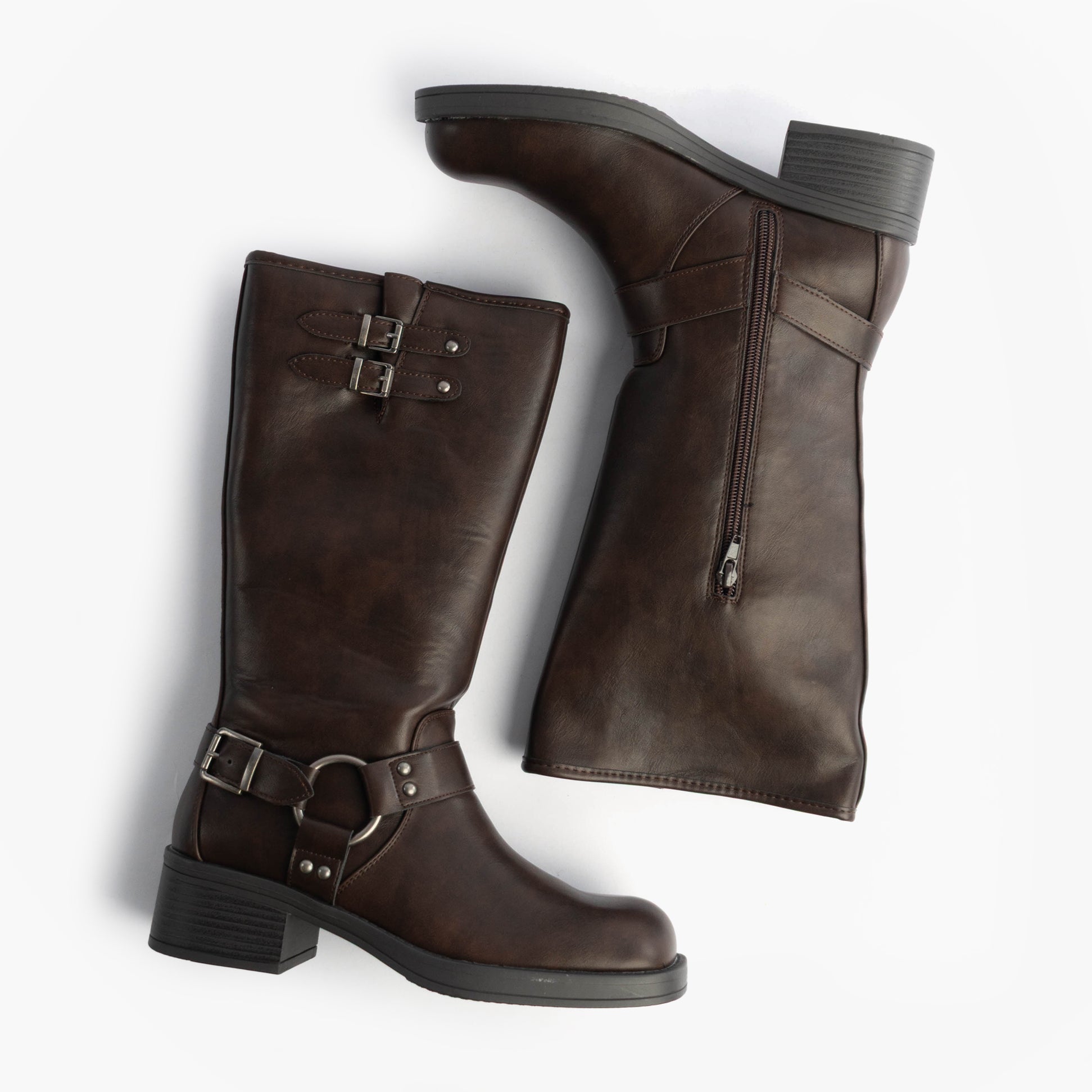 Rocket Dog NASH Womens Boots Brown side view showing tall faux leather design with buckle details and zip closure.