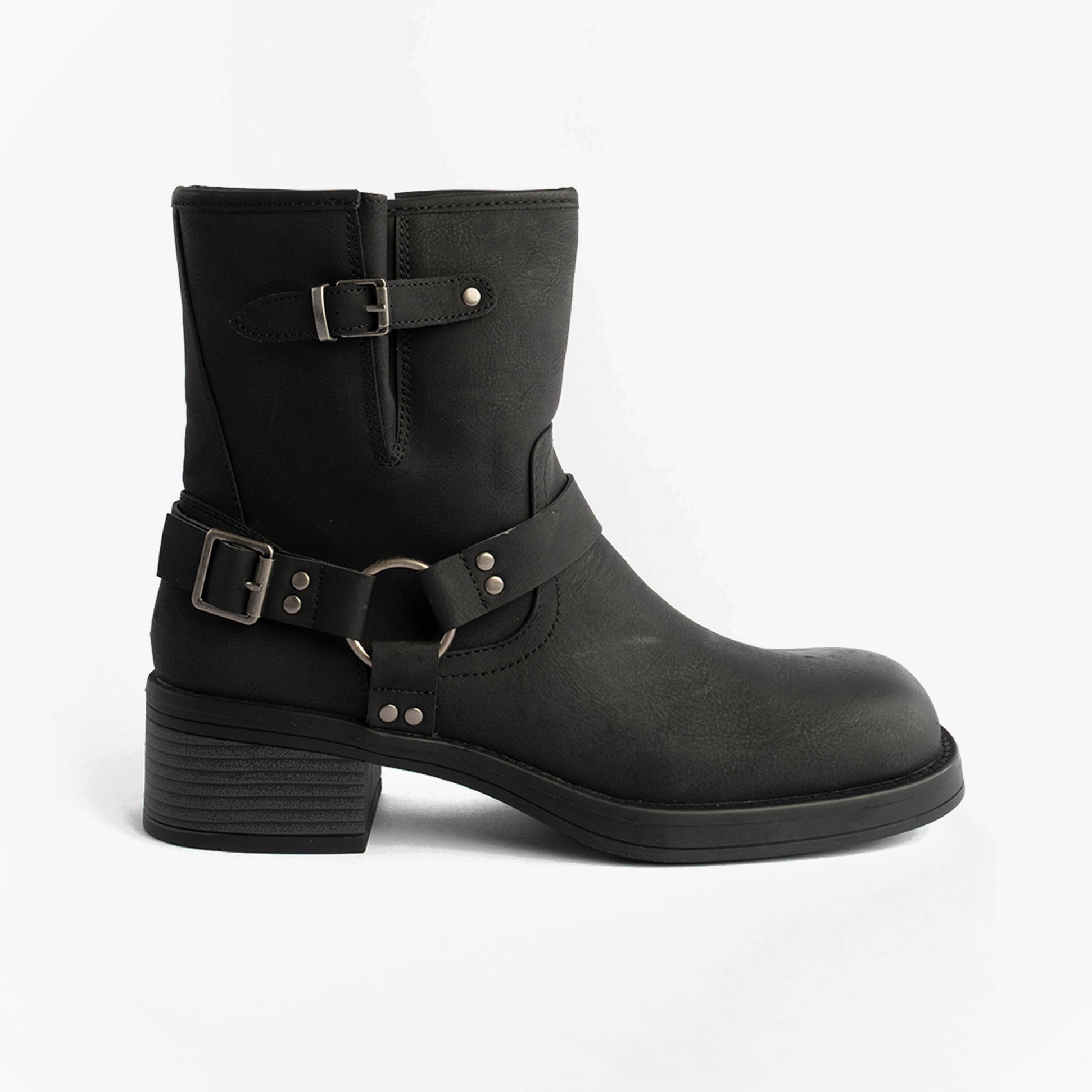 Rocket Dog NINO Womens Boots Black side view featuring faux leather upper and buckle details.