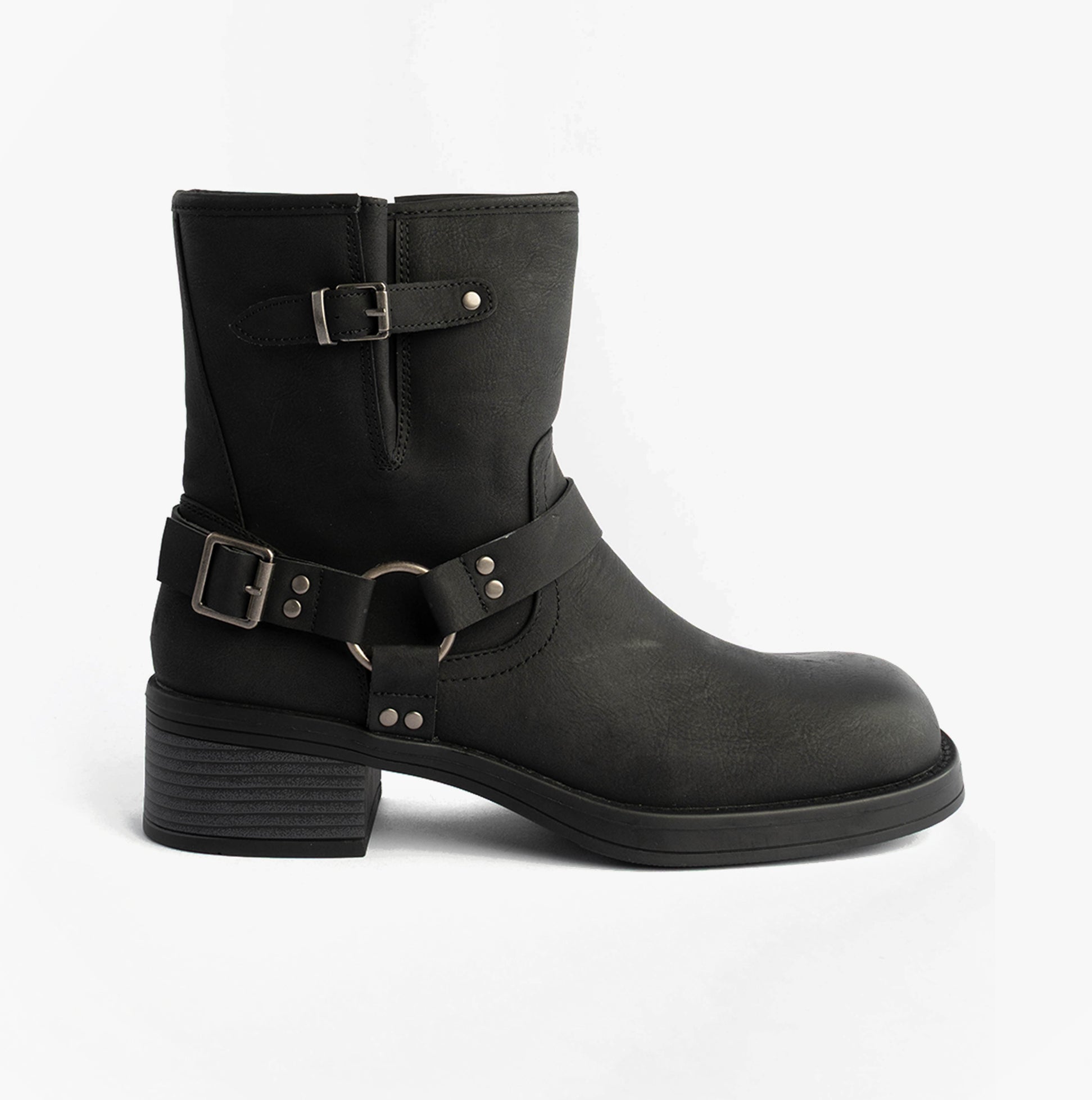Rocket Dog NINO Womens Boots Black side view featuring faux leather upper and buckle details.
