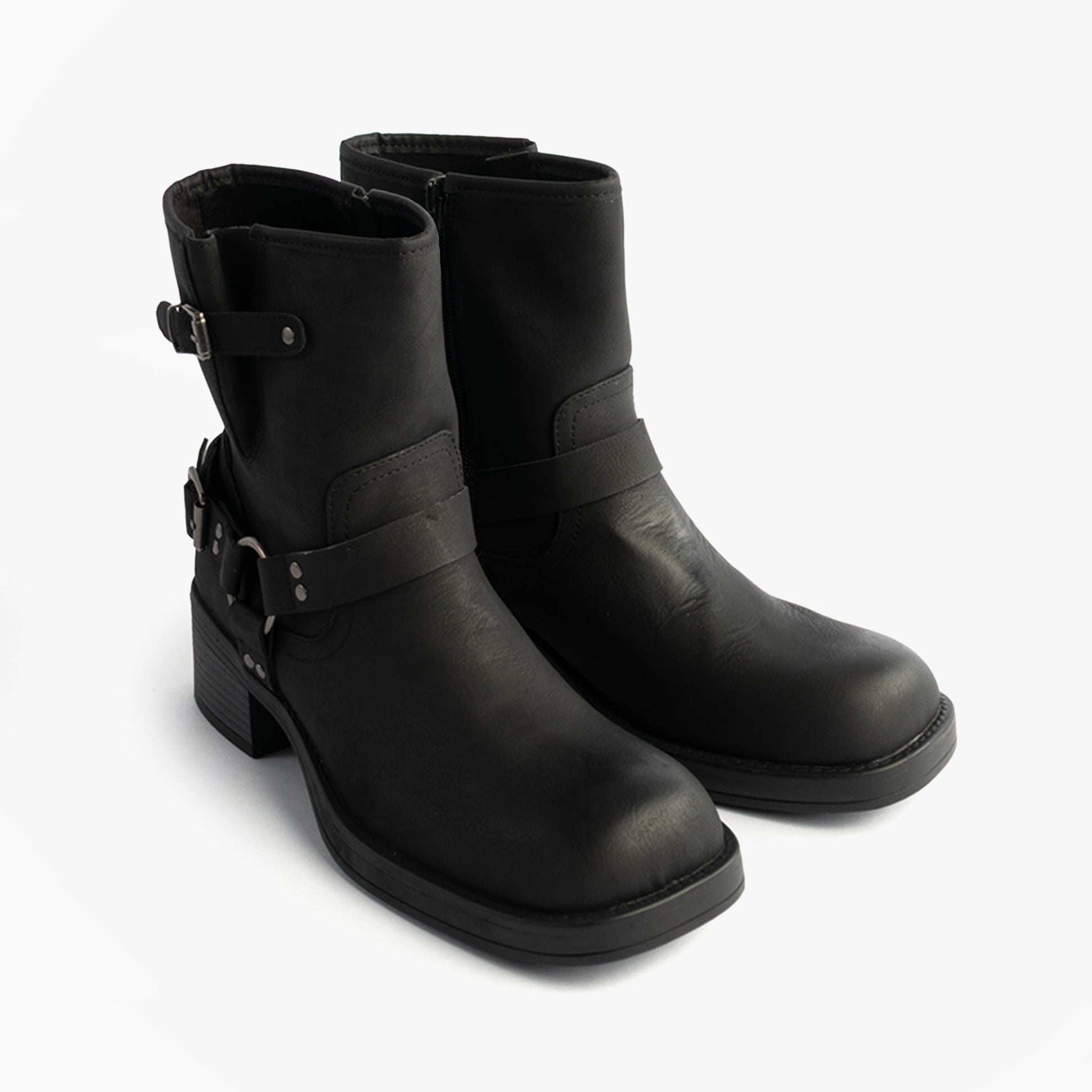 Rocket Dog NINO Womens Boots Black side view showcasing biker boot style and faux leather details.