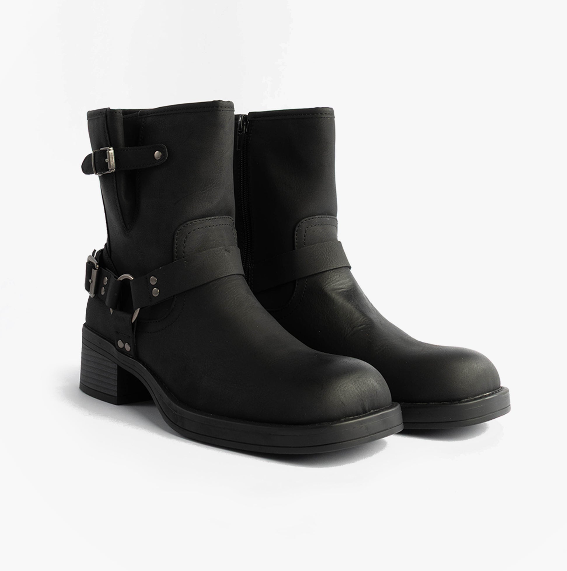Rocket Dog NINO Womens Boots Black side view, faux leather biker boots with zip closure and buckle detail.