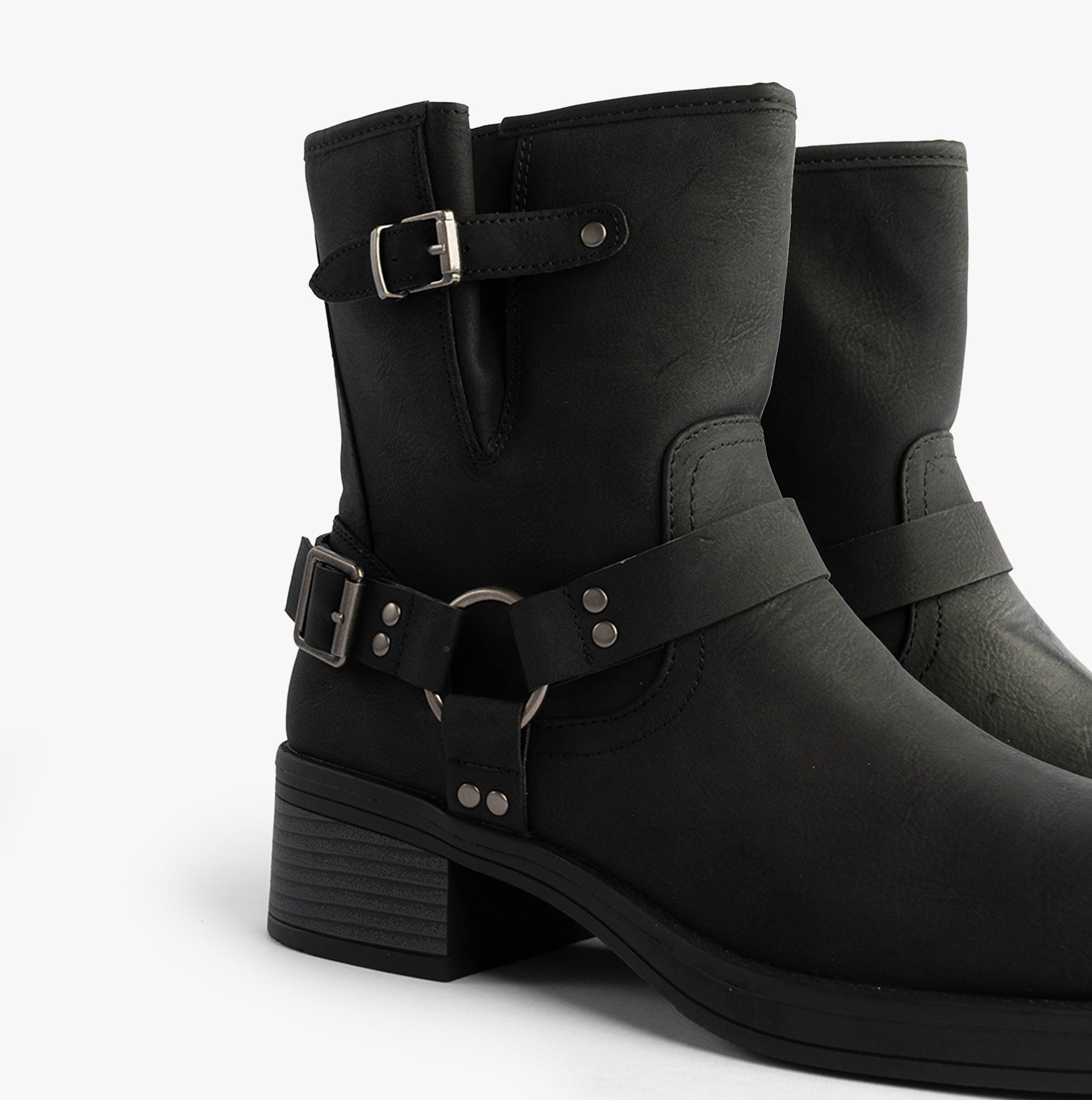 Rocket Dog NINO Womens Boots Black side view with buckle detail, biker style ankle boots featuring faux leather upper.