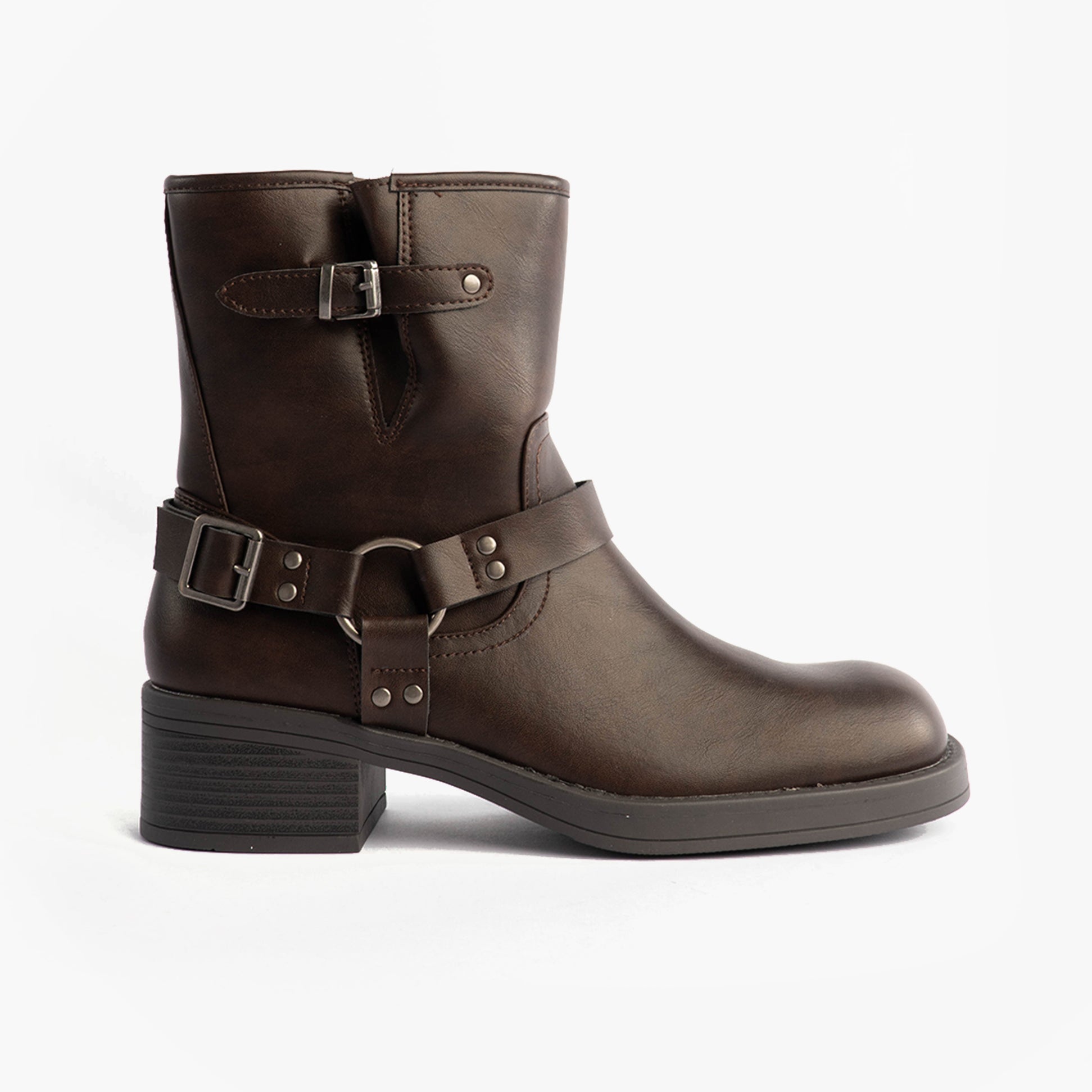 Rocket Dog NINO Womens Boots Brown side view, ankle biker boots with faux leather upper and rubber sole.