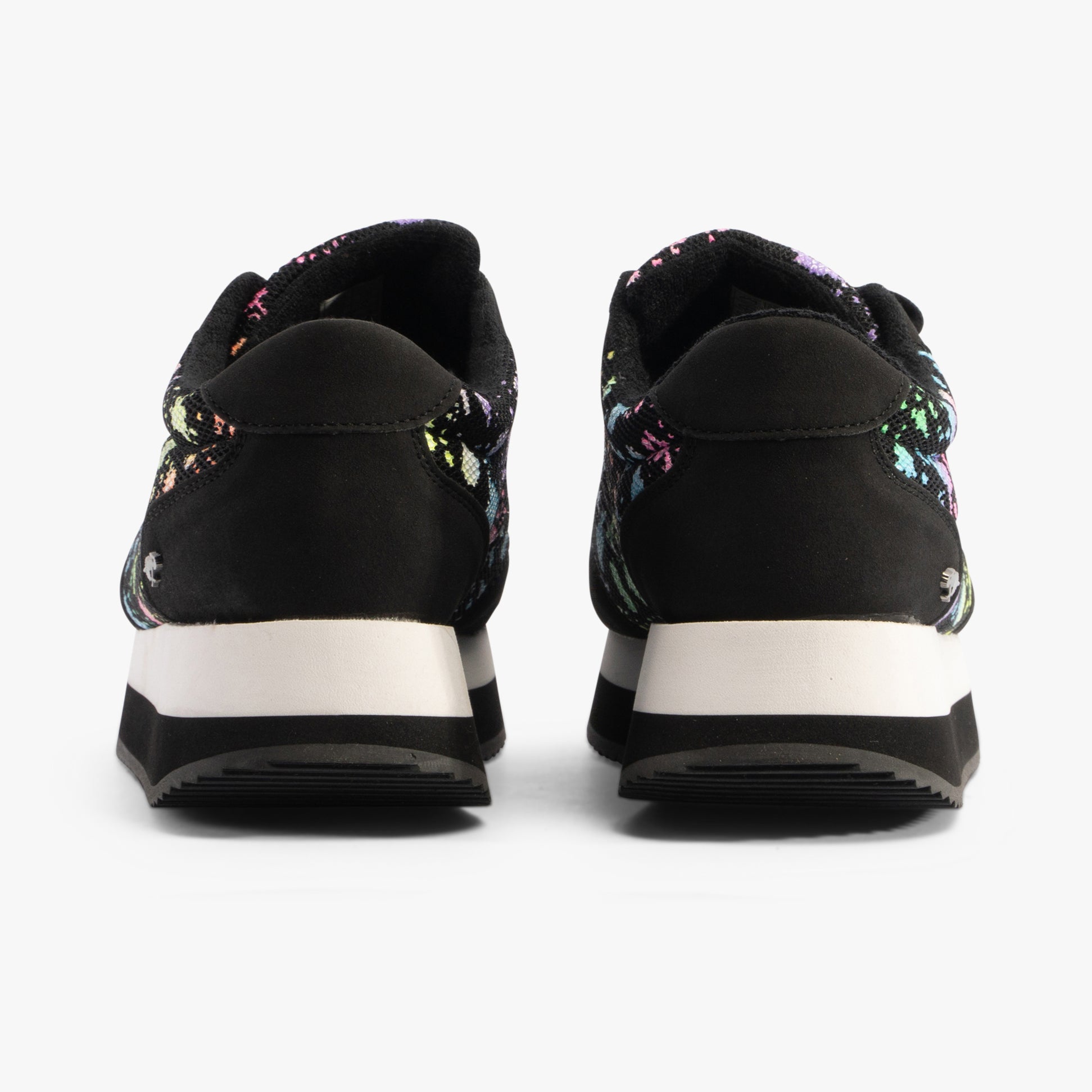 Rocket Dog RAPID Womens Trainers Black rear view showcasing the colorful design and low-top platform silhouette.