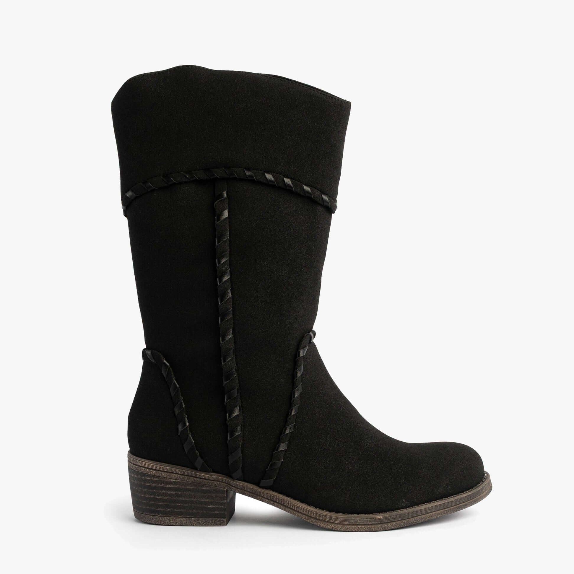 Rocket Dog ROWDY Womens Boots Black side view showcasing mid-calf height, synthetic upper and stylish braided detailing.