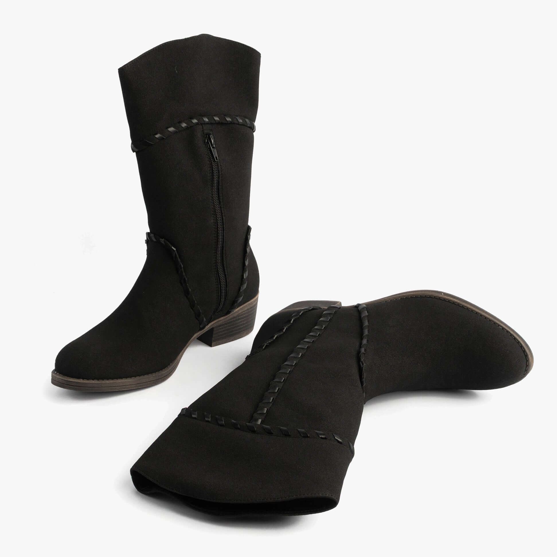 Rocket Dog ROWDY Womens Boots Black side and detail view showcasing synthetic upper and mid-calf design.