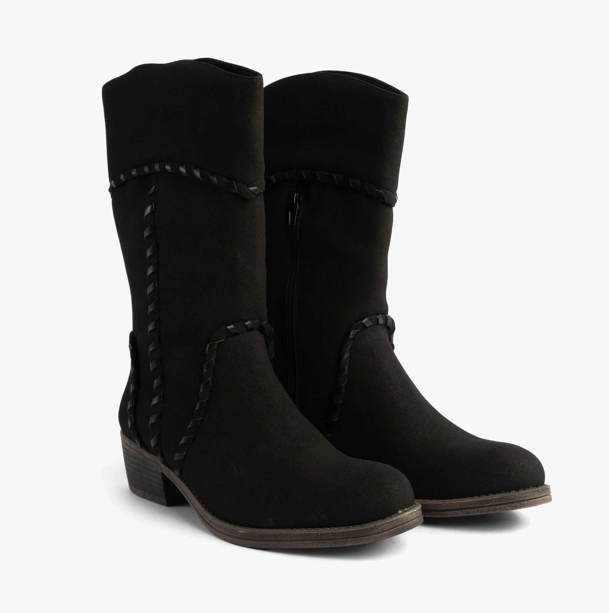 Rocket Dog ROWDY Womens Boots Black side view showing mid-calf height and braided detailing.