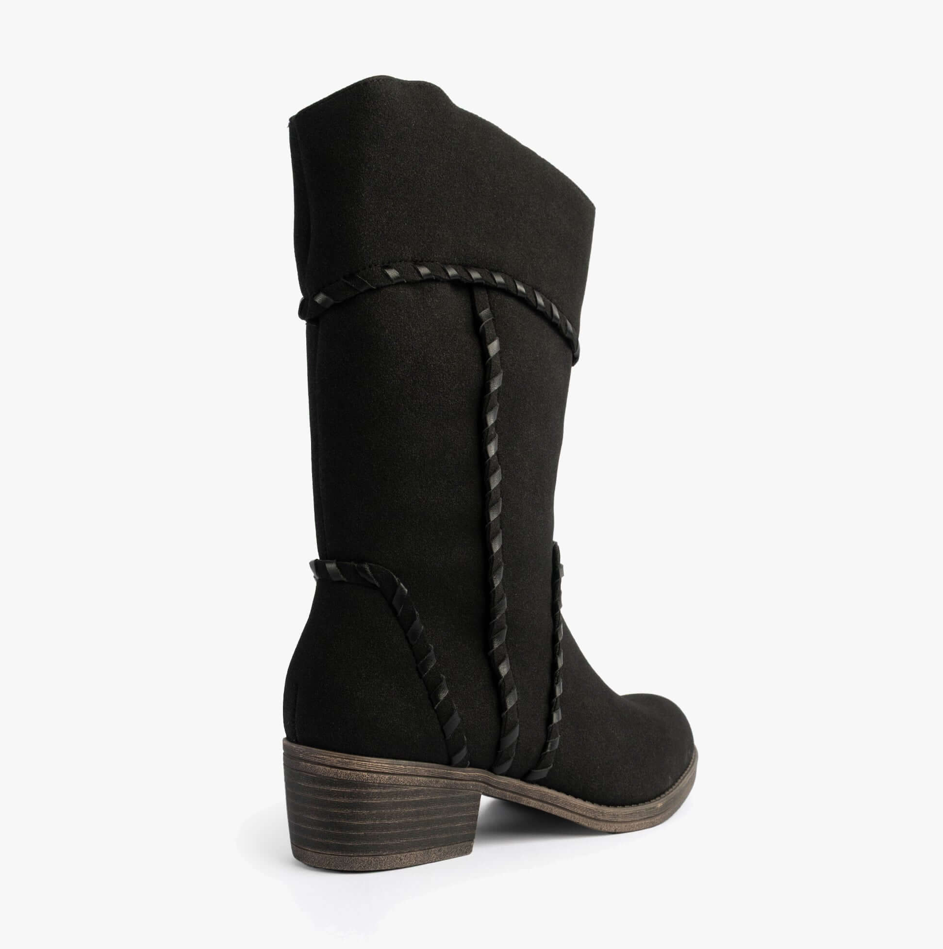 Rocket Dog ROWDY Womens Boots Black side view showcasing mid-calf design and stylish braided detail.