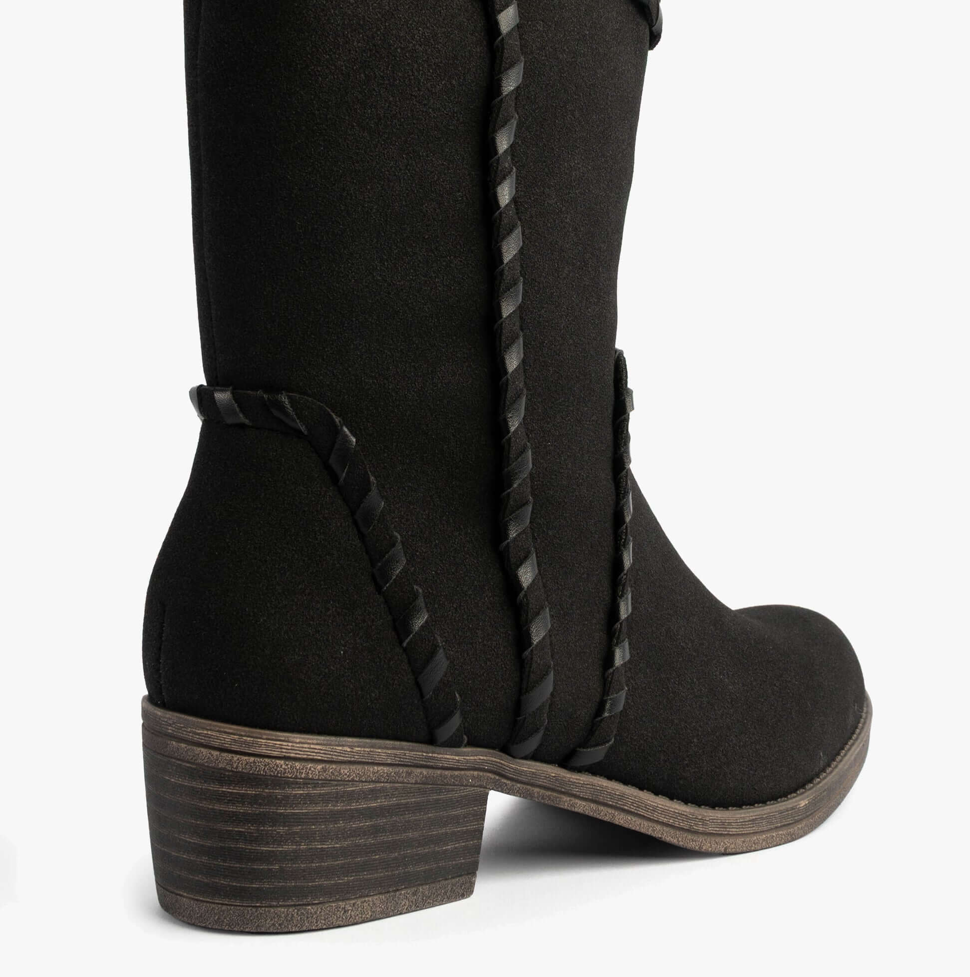 Rocket Dog ROWDY Womens Boots Black side view showcasing intricate detailing and stacked heel design.