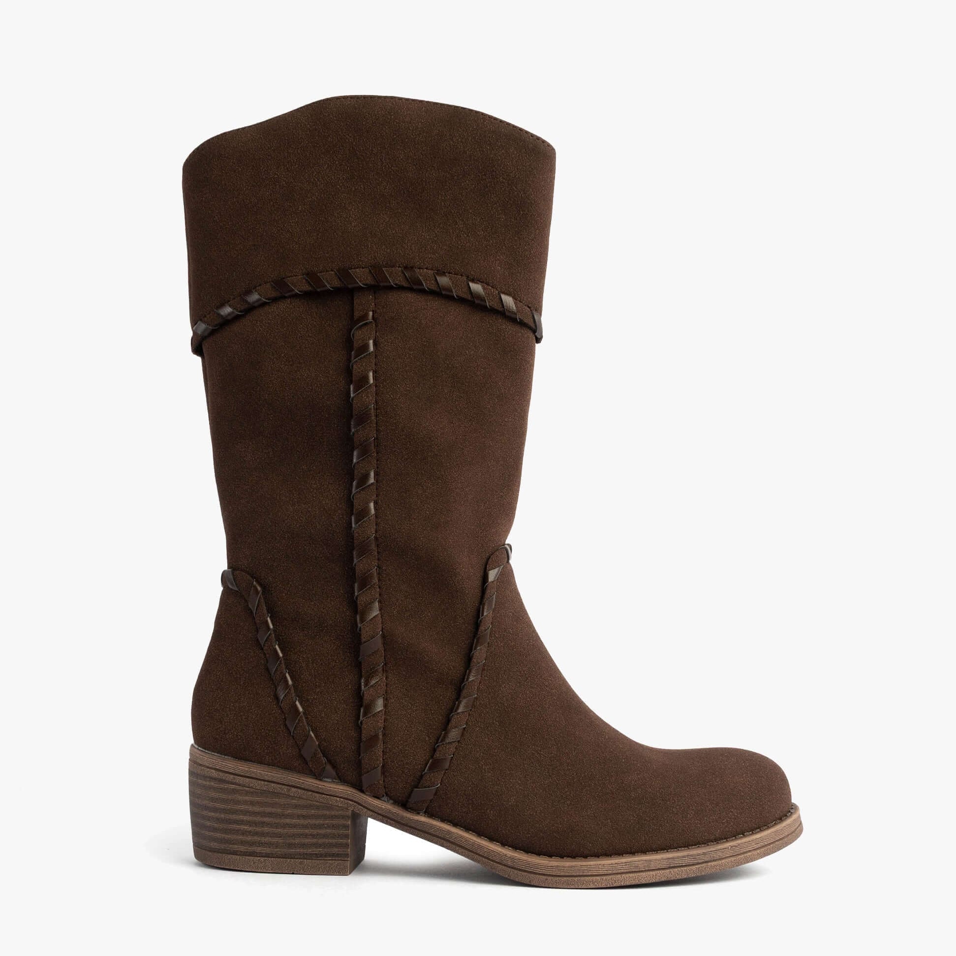 Rocket Dog ROWDY Womens Boots Dark Brown side view showcasing faux leather, braided detailing, and mid-calf height.