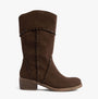 Rocket Dog ROWDY Womens Boots Dark Brown side view showcasing faux leather, braided detailing, and mid-calf height.