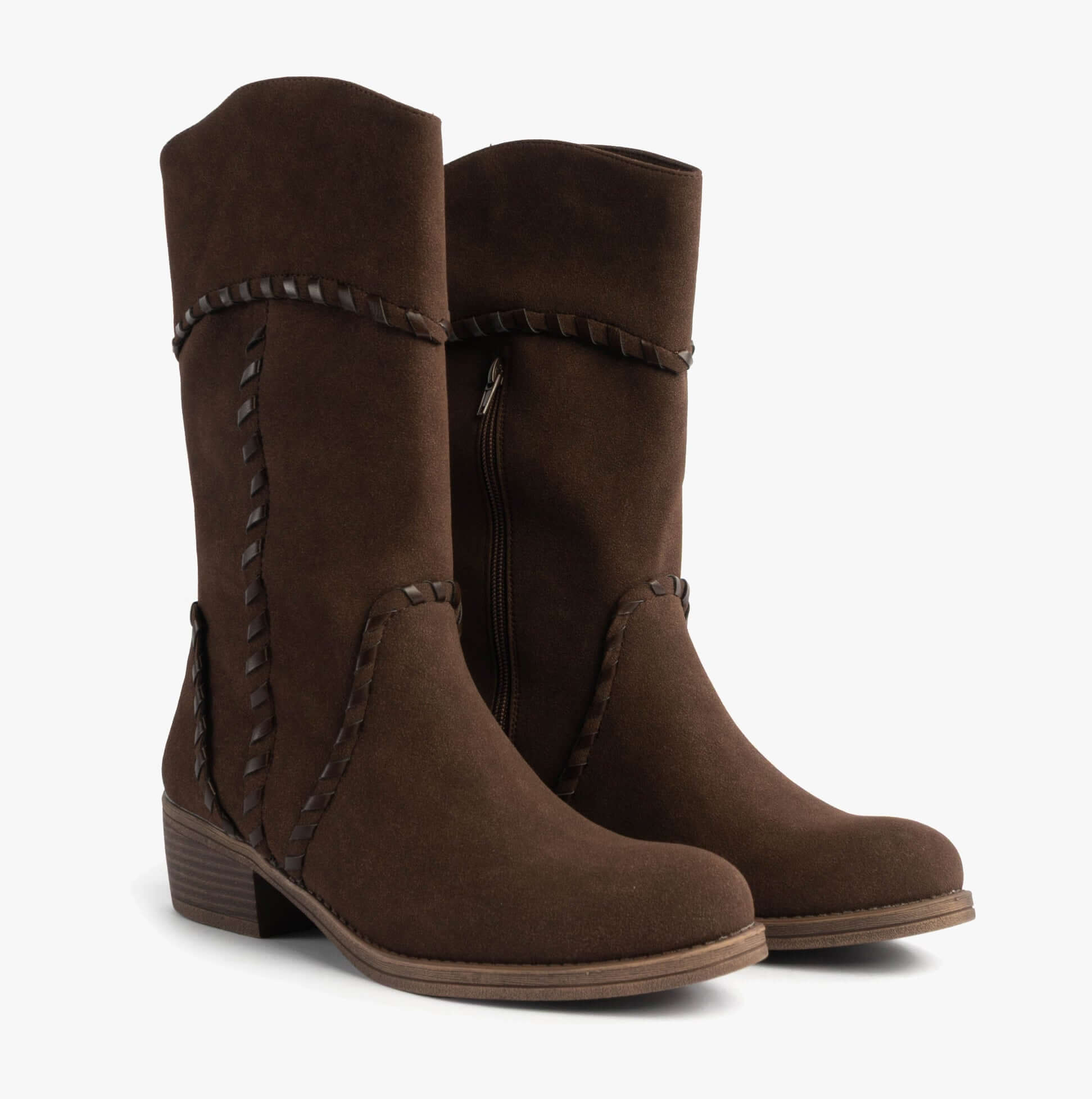 Rocket Dog ROWDY Womens Boots Dark Brown side view showing detailed faux leather design and low heel
