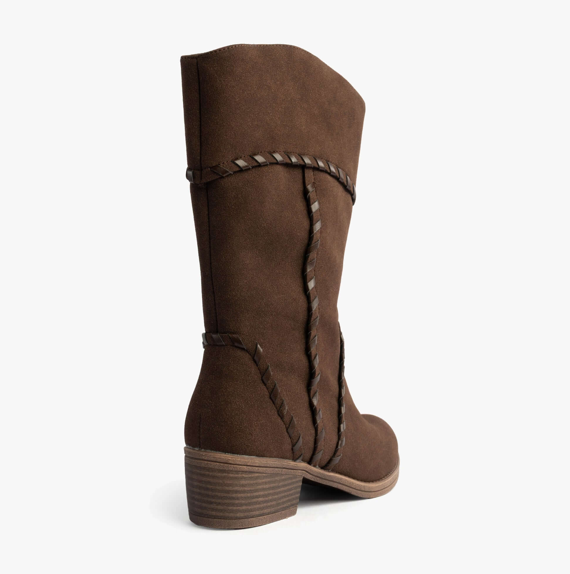 Rocket Dog ROWDY Womens Boots Dark Brown side view showcasing detailed faux leather design and mid-calf height.
