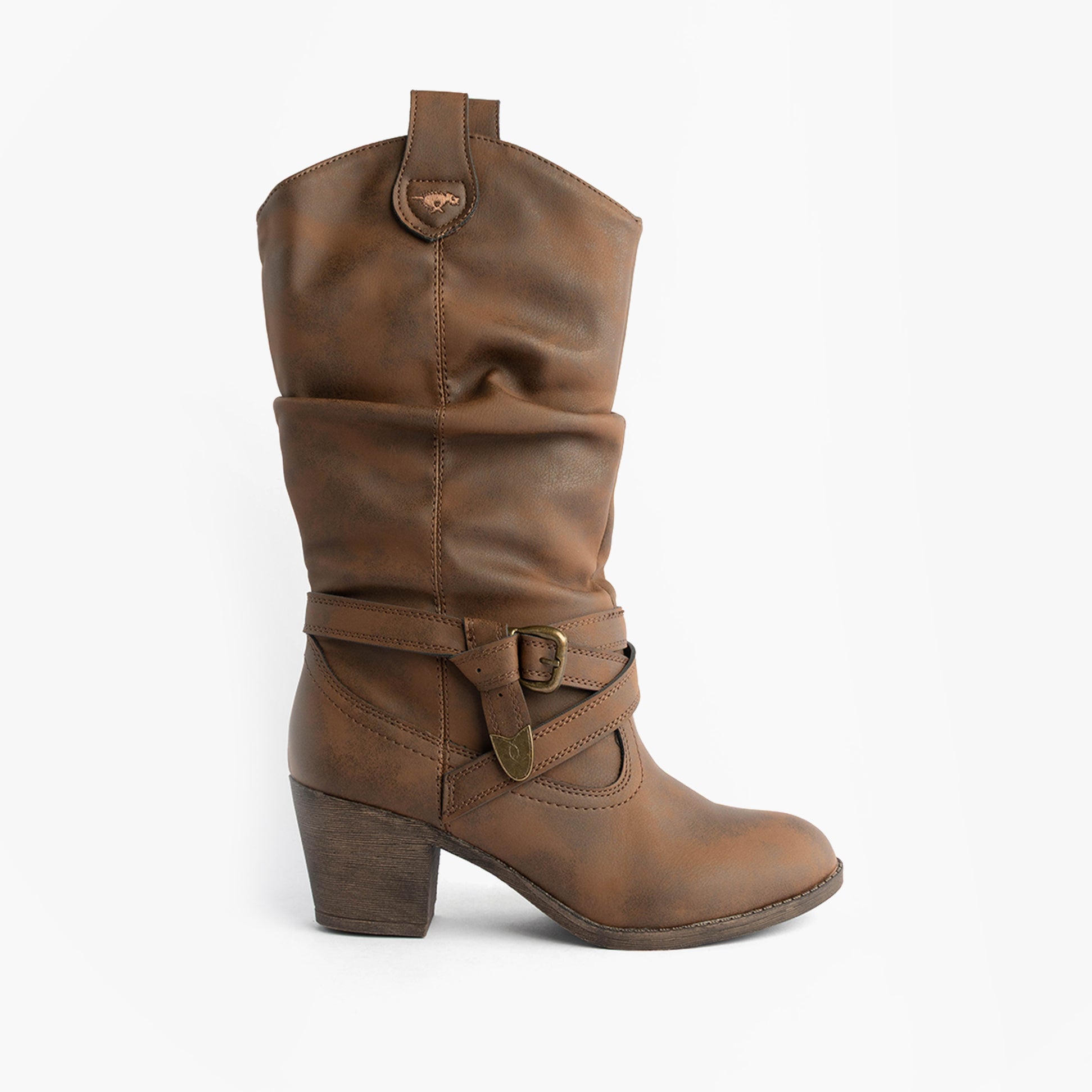 Rocket Dog SIDESTEP Womens Boots Brown side view with slouchy design and buckle detail.