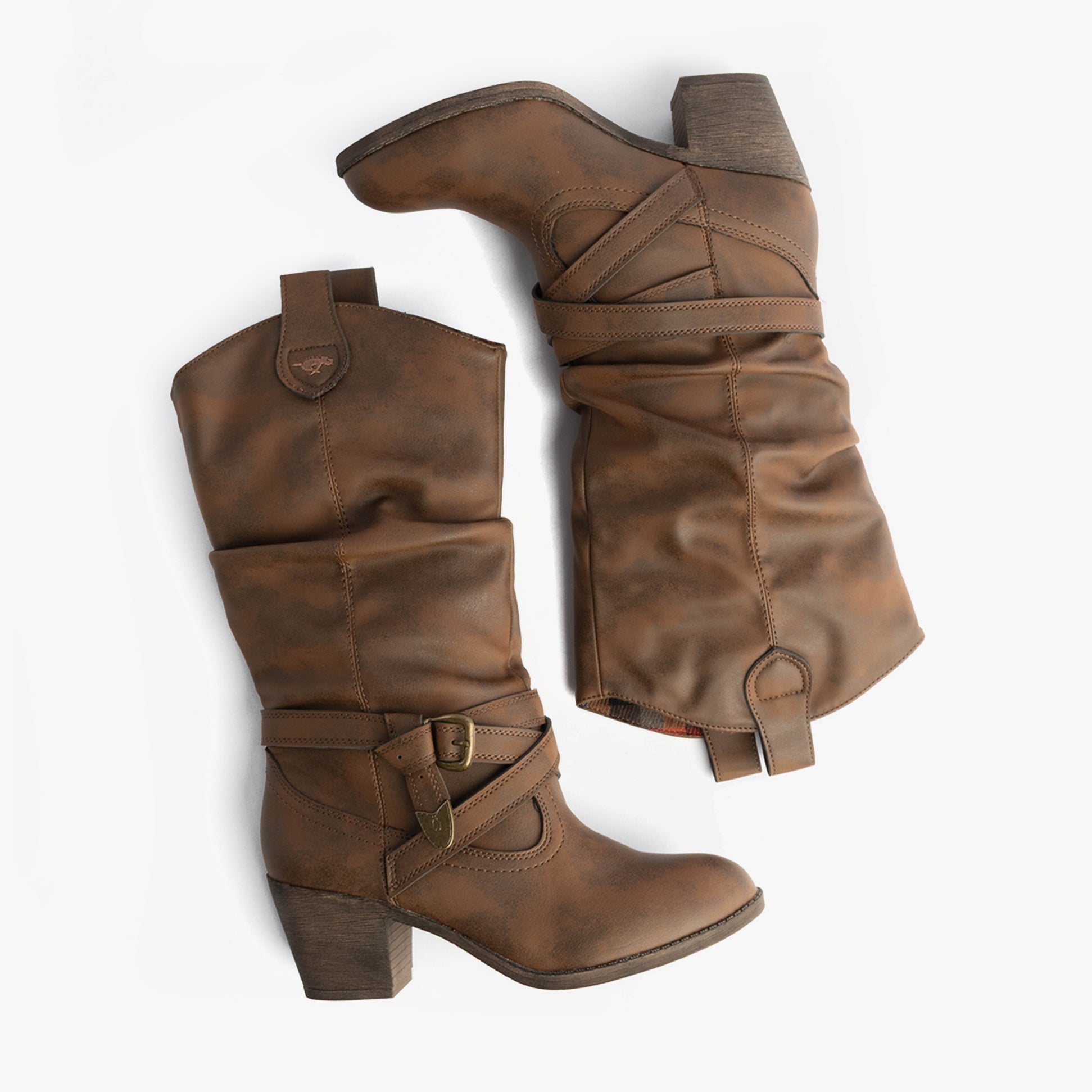 Rocket Dog SIDESTEP Womens Boots Brown, side view showing tall synthetic boots with zipper and buckle details.