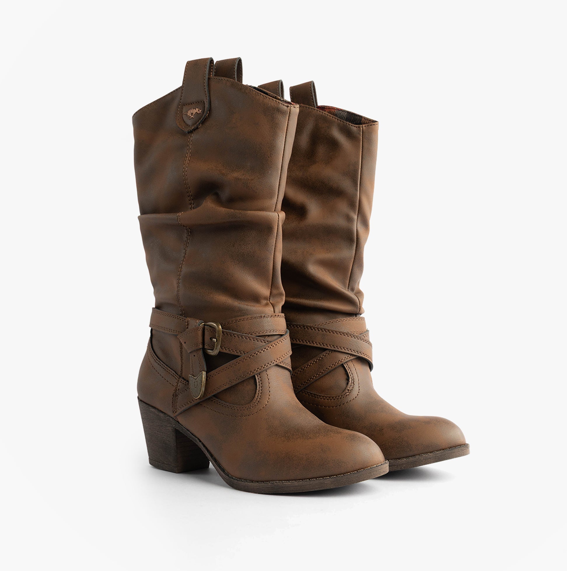 Rocket Dog SIDESTEP Womens Boots Brown side view showcasing tall mid-calf design with buckle detail and synthetic material.