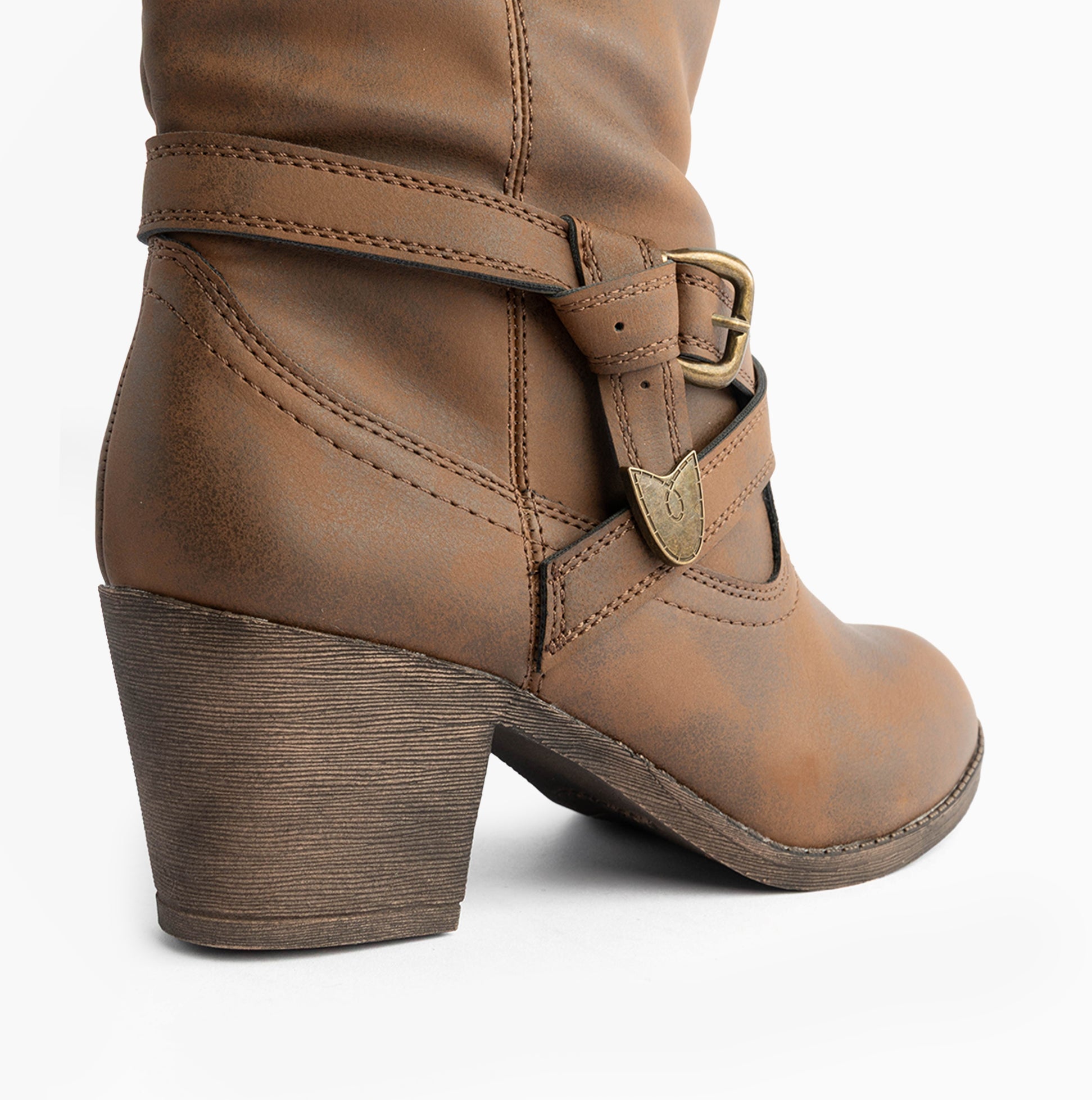 Rocket Dog SIDESTEP Womens Boots Brown side view showing the mid-calf height, synthetic upper, and stylish buckle detail.