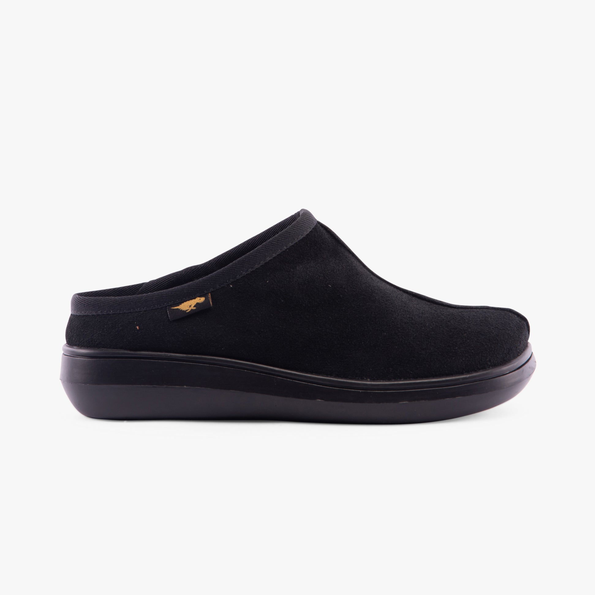 Rocket Dog SUGAR GLIDER Womens Clog Slippers Black side view showing soft textile upper and rubber sole.