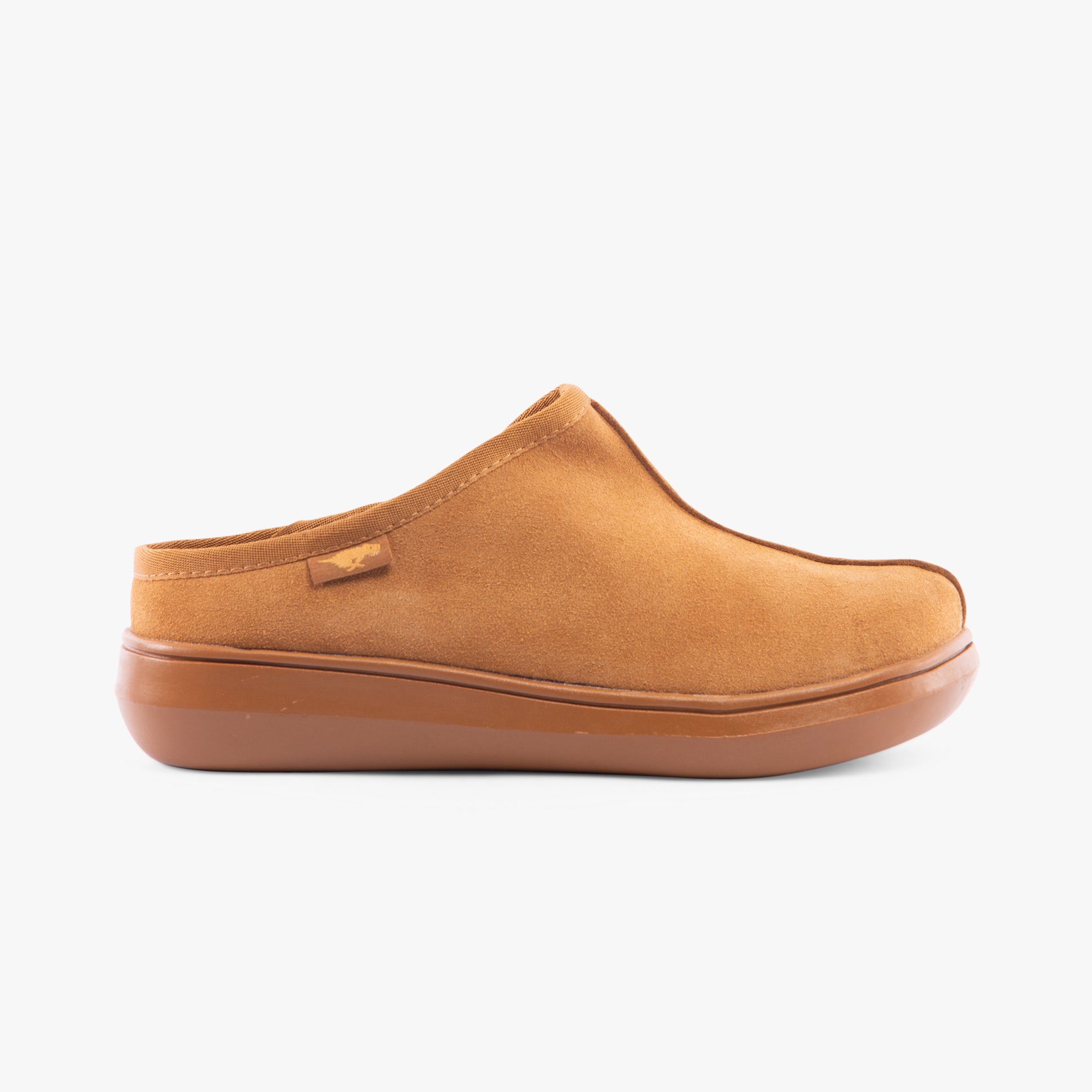 Rocket Dog SUGAR GLIDER Womens Clog Slippers Camel side view showing soft suede upper and low profile rubber sole.
