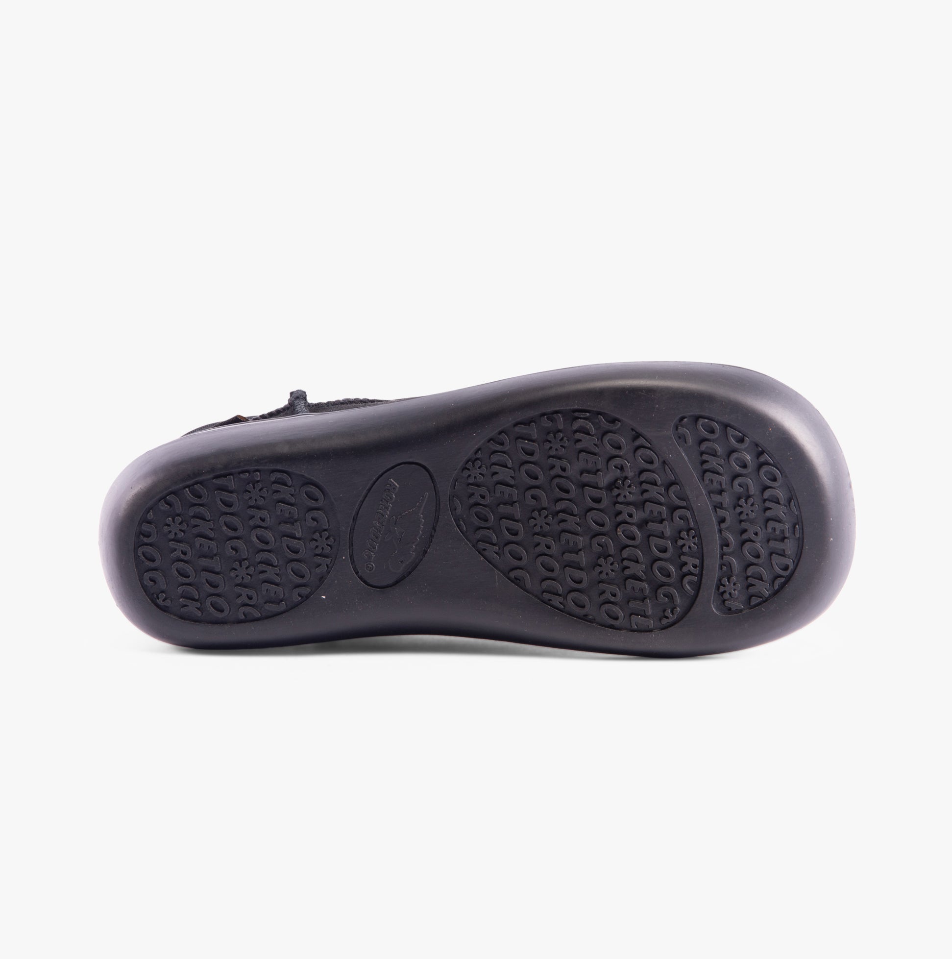 Rocket Dog SUGAR RUSH Womens Mini Boots Black bottom view showing rubber sole details and branding.